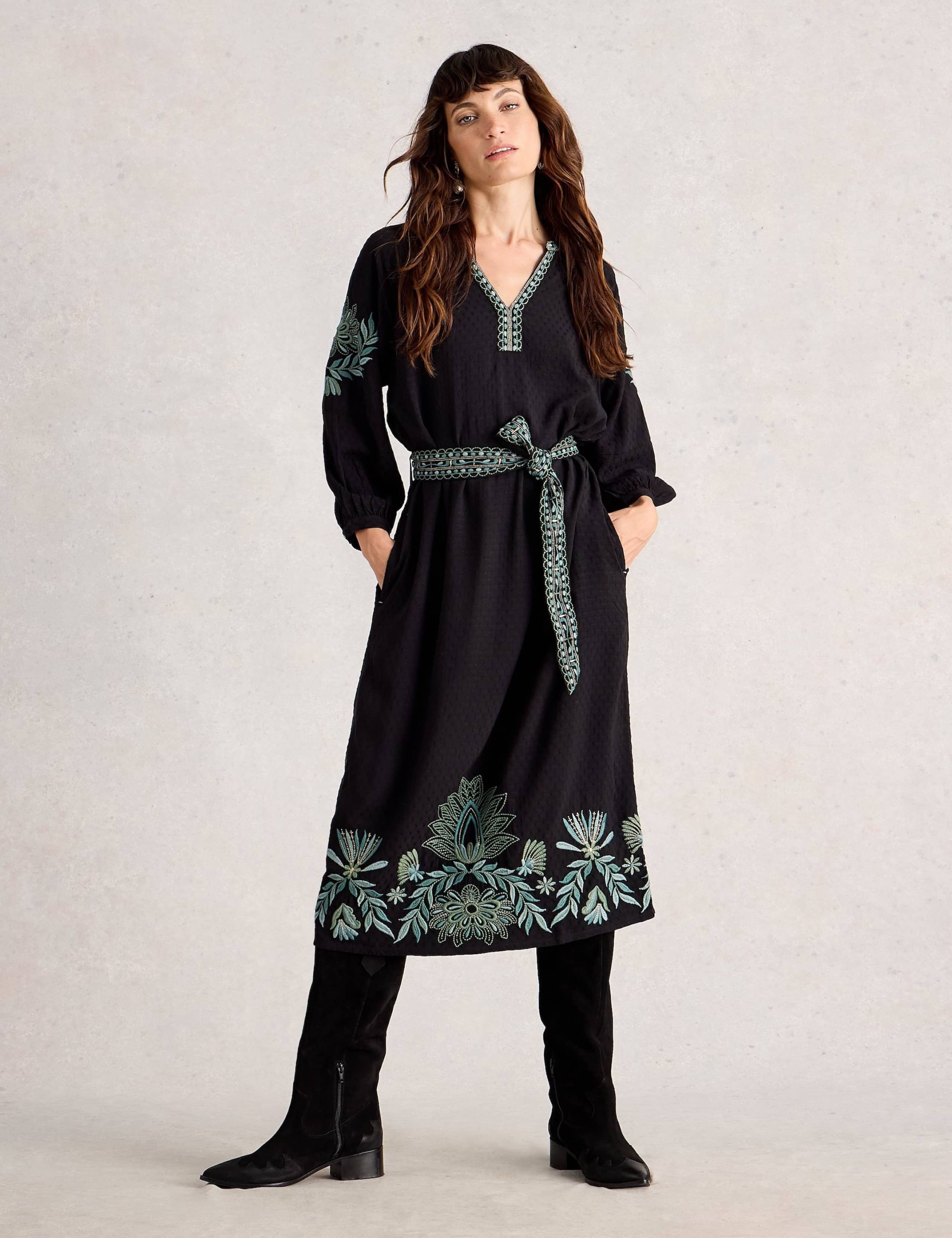 Embroidered Notch Neck Midi Tea Dress