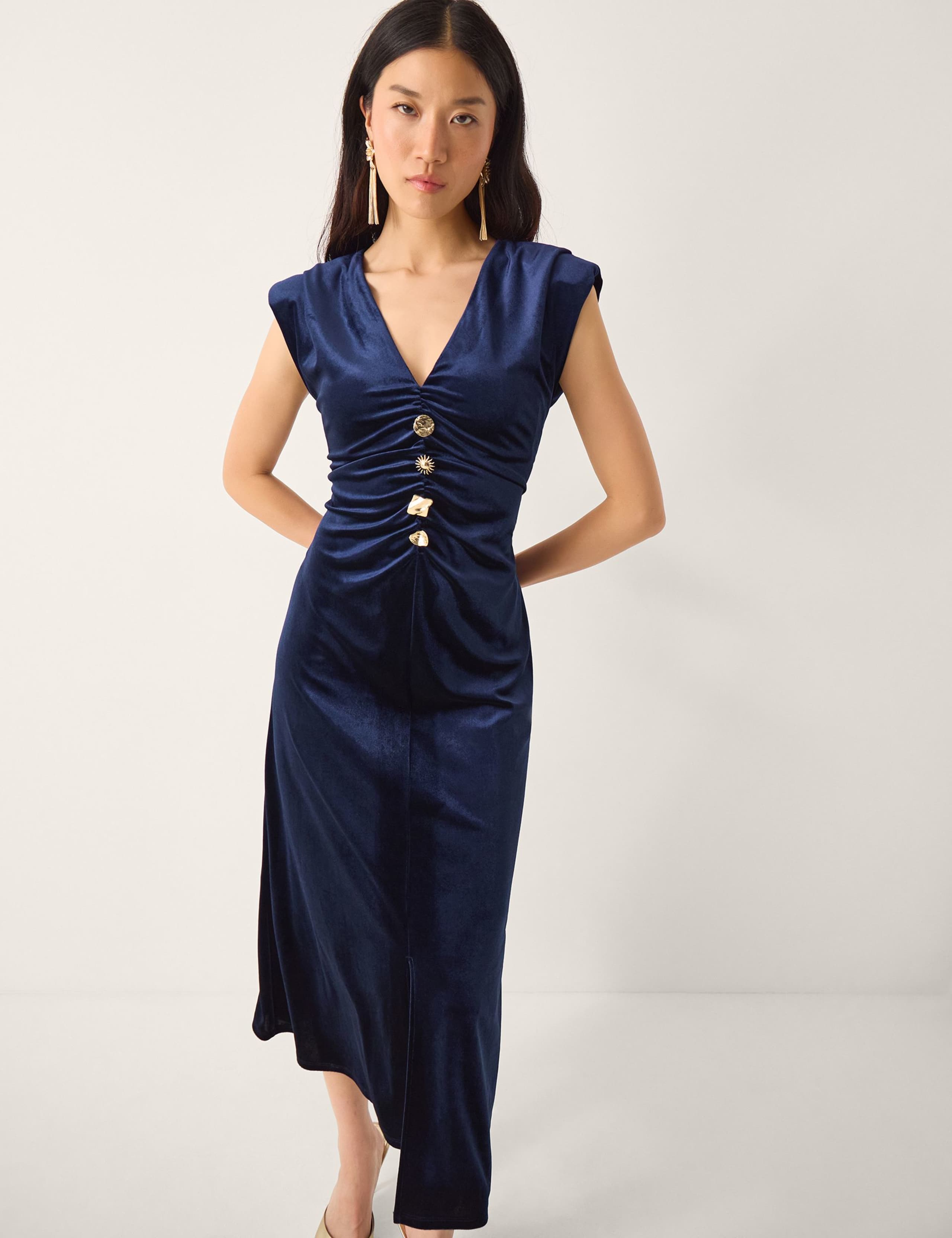 Velvet V-Neck Button Front Midi Column Dress