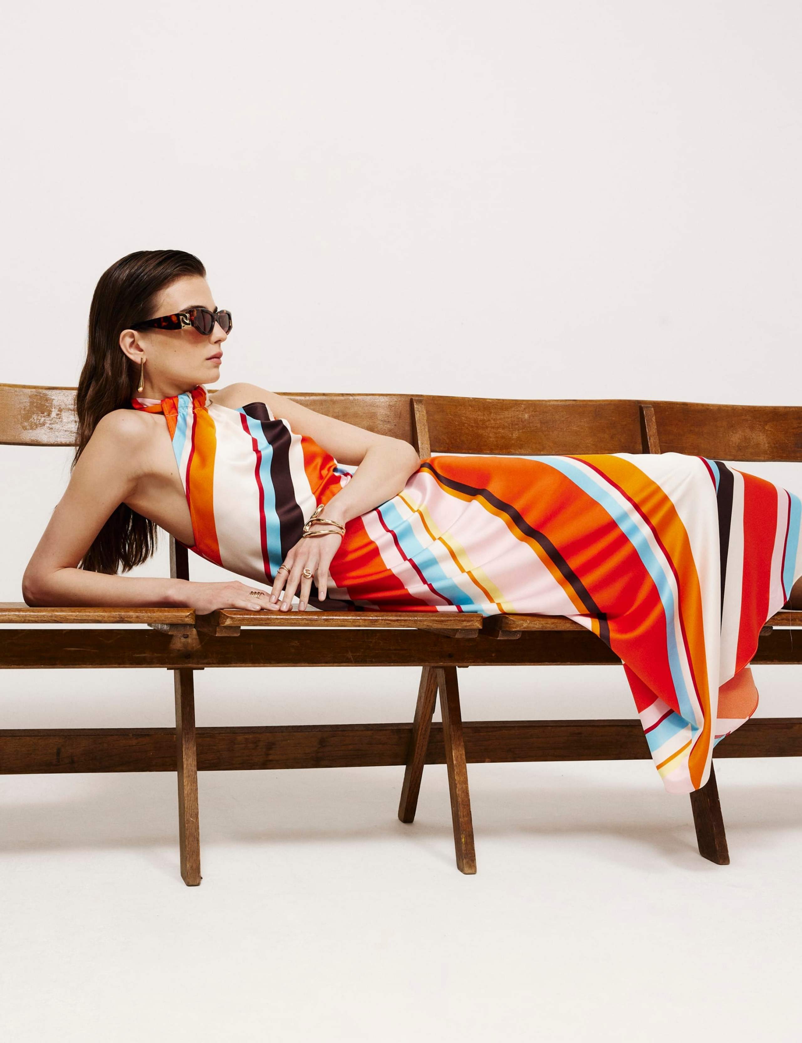 Satin Striped Halter Neck Maxi Dress