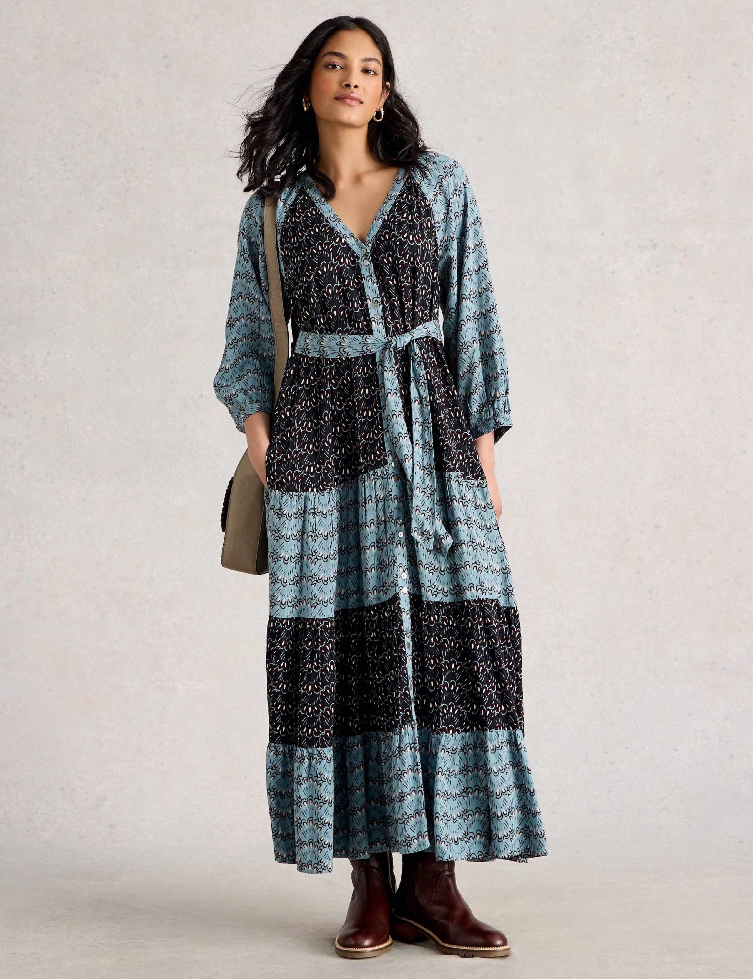 Printed V-Neck Midi Tiered Dress