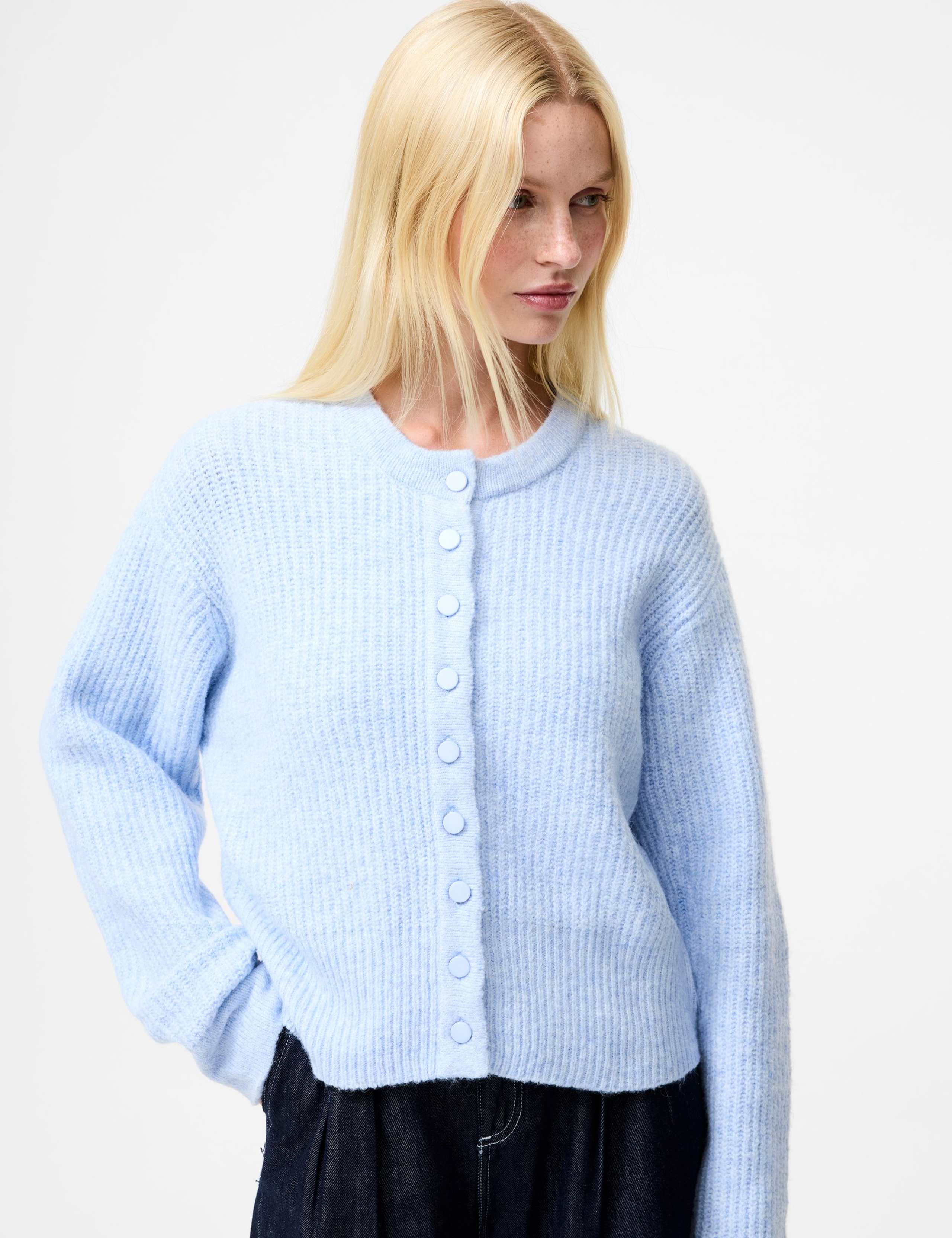 Ribbed Crew Neck Button Front Cardigan