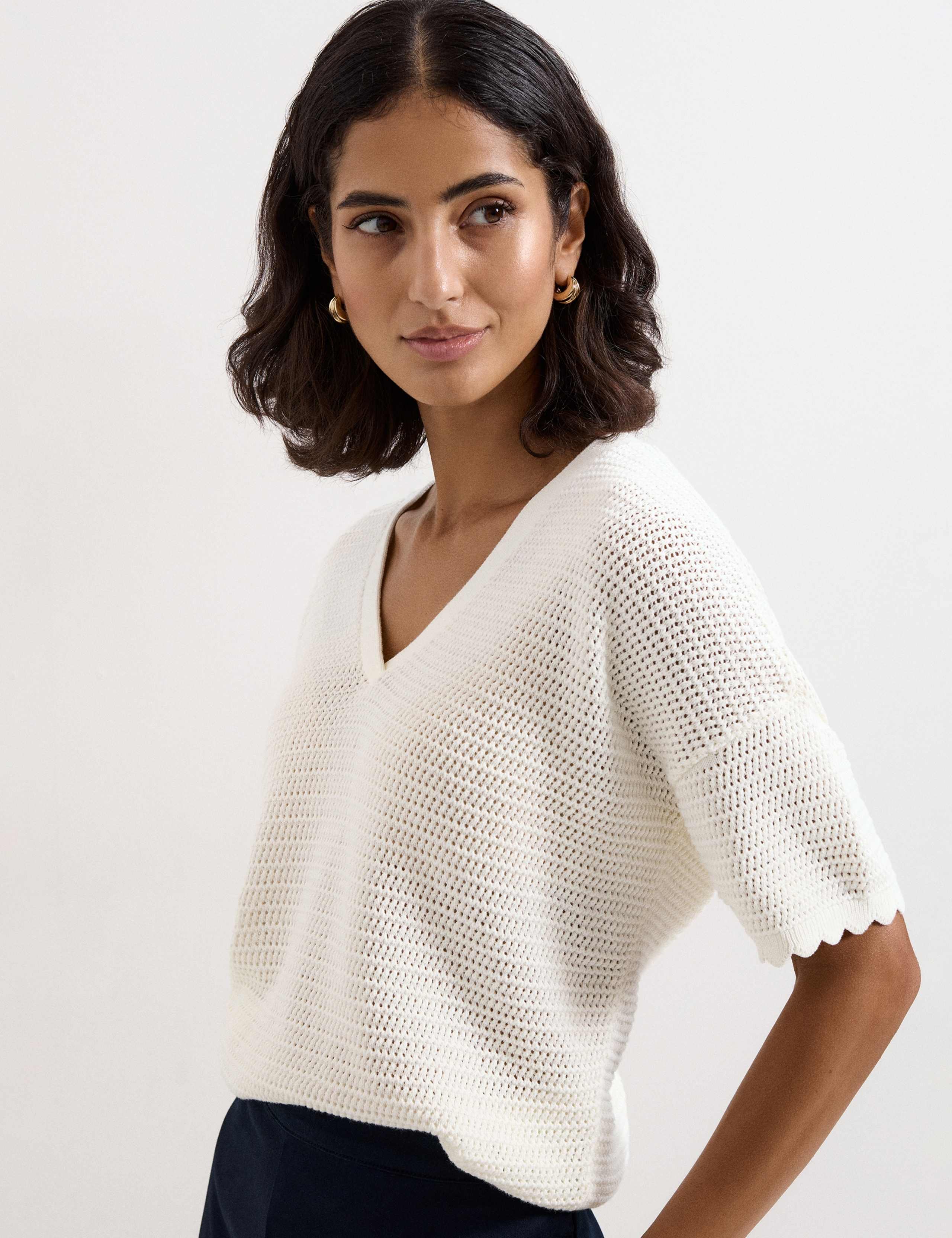 Pure Cotton Textured V-Neck Jumper