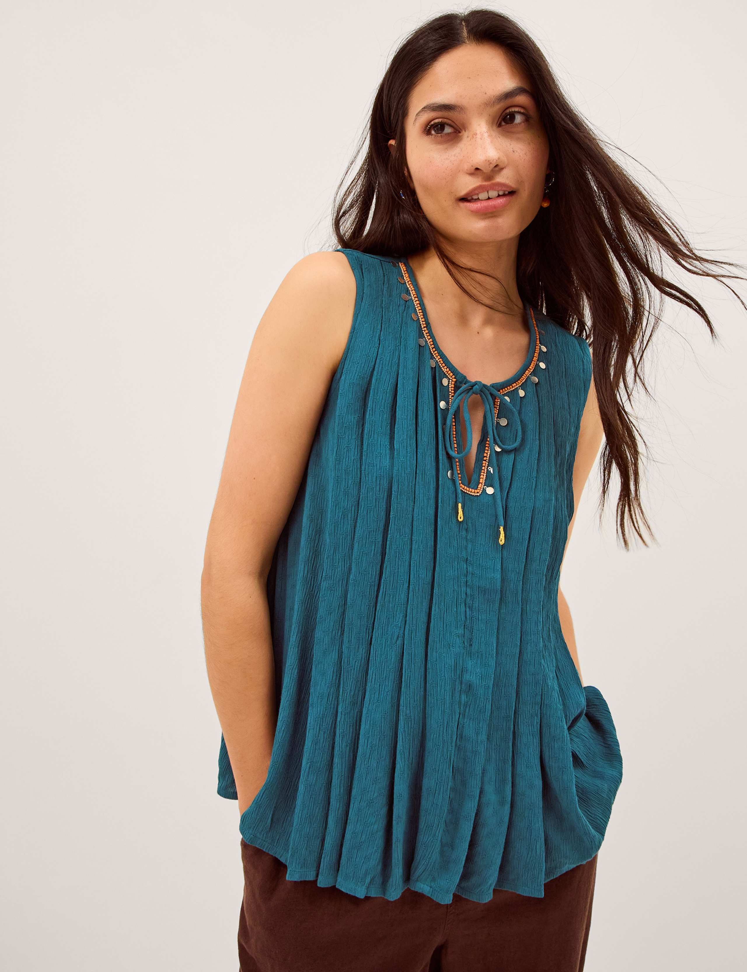 Embellished Pleated Tie Detail Tank Top