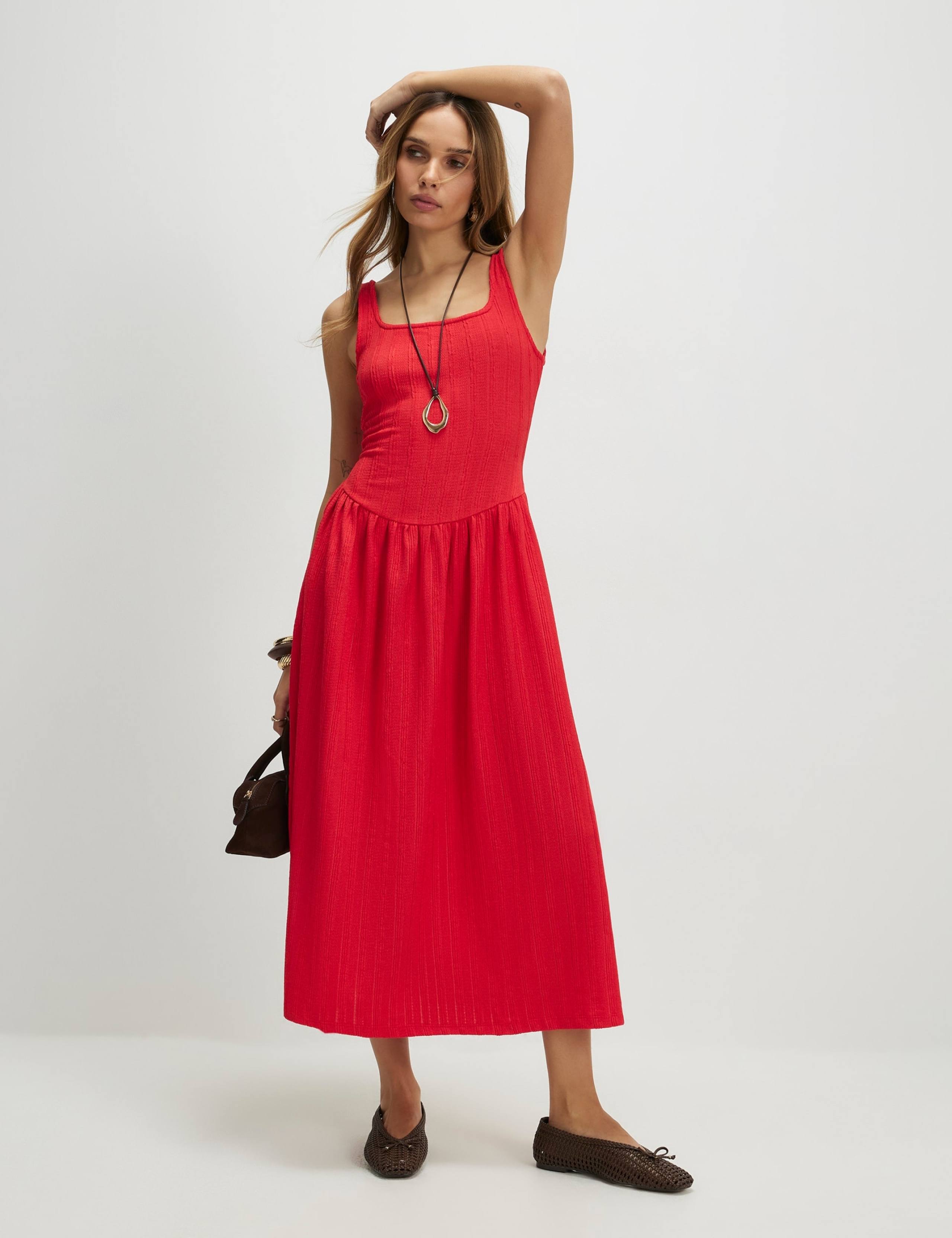 Textured Square Neck Midi Column Dress