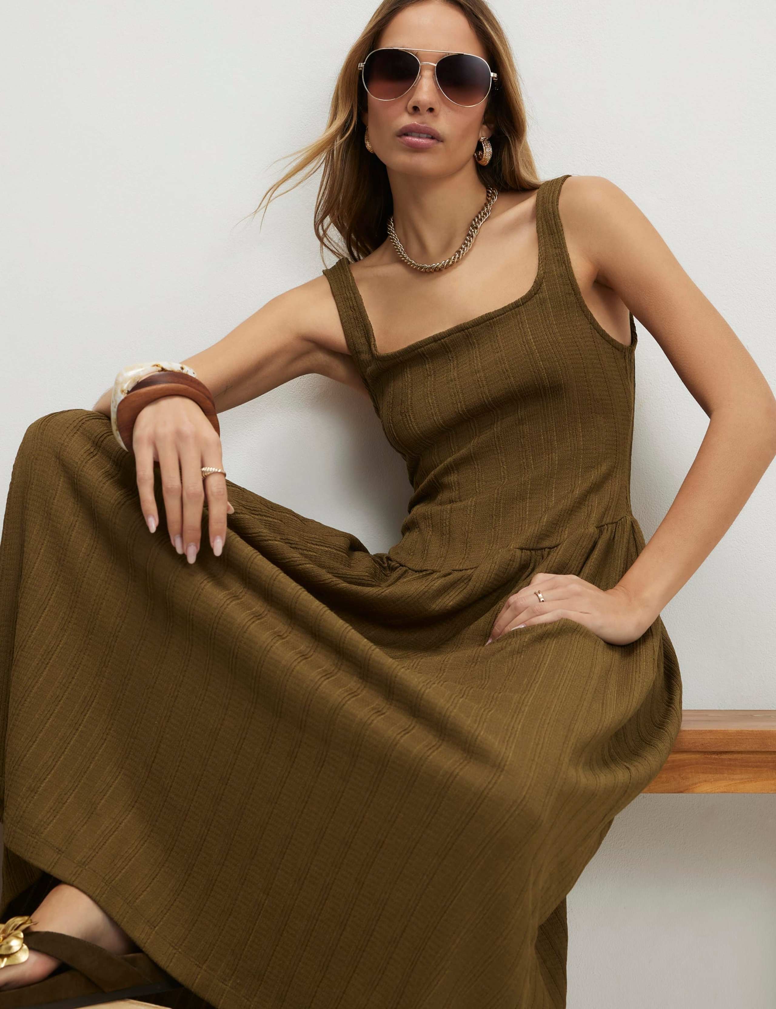 Textured Square Neck Midi Column Dress