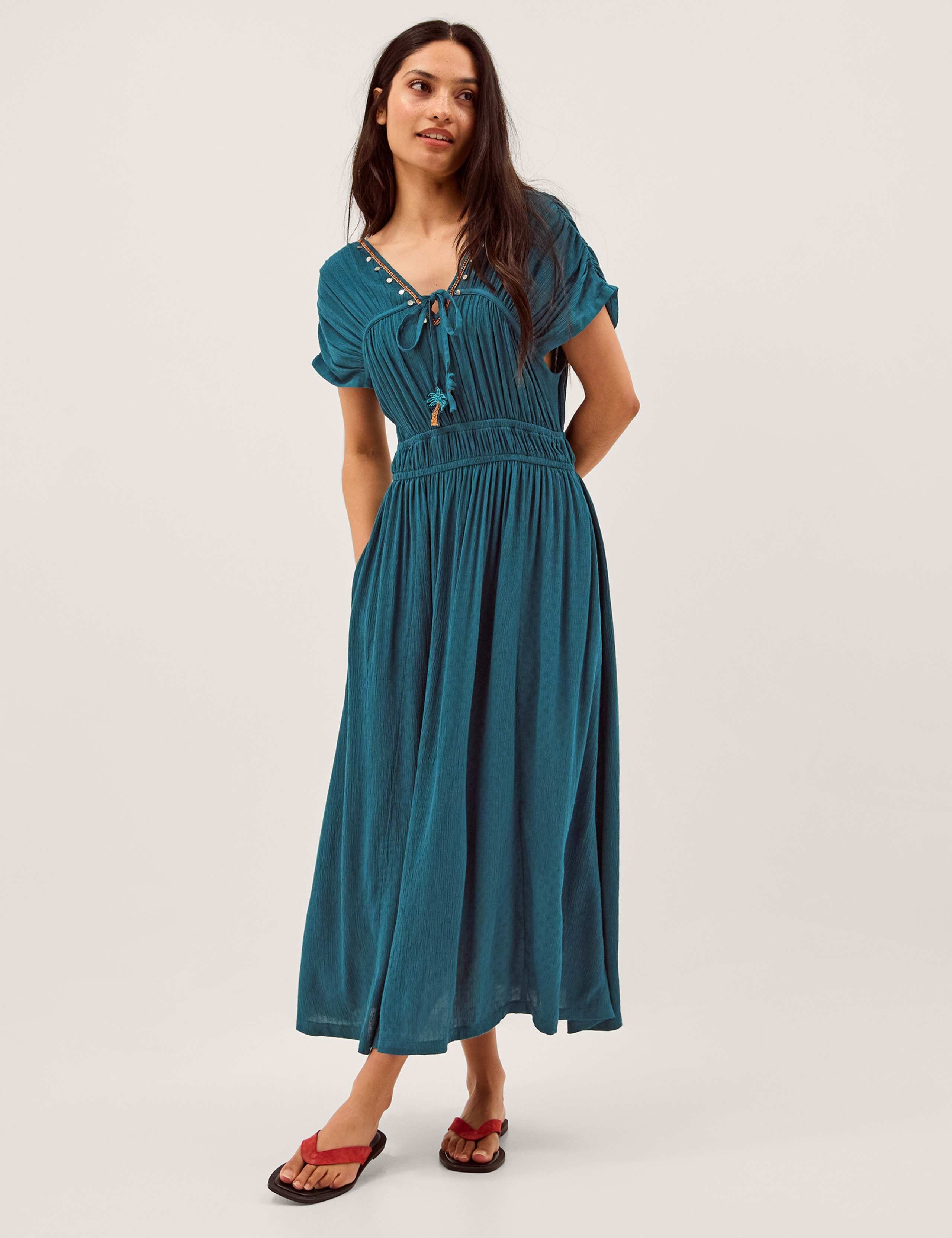 Embellished V-Neck Midi Smock Dress