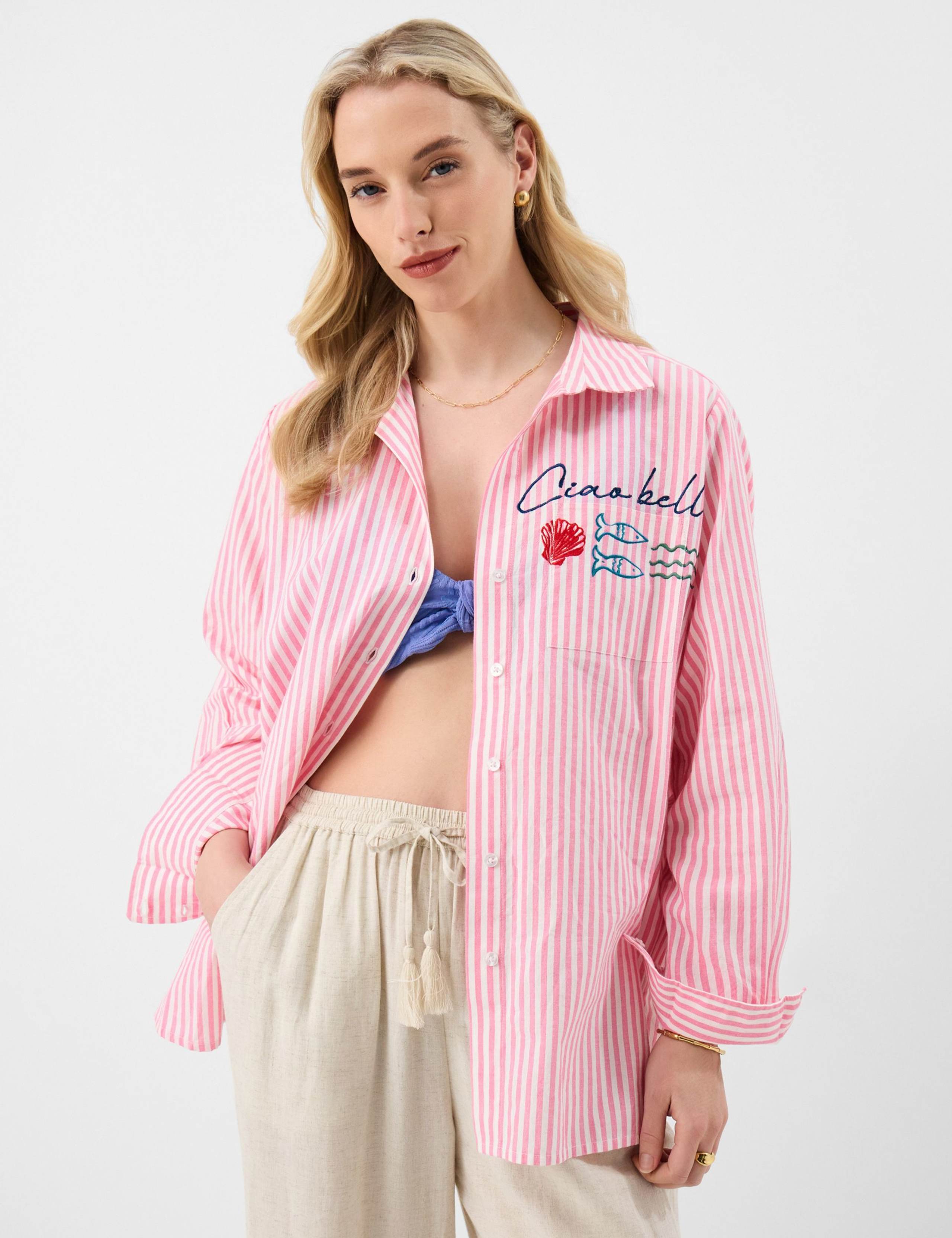Pure Cotton Striped Embroidered Beach Shirt