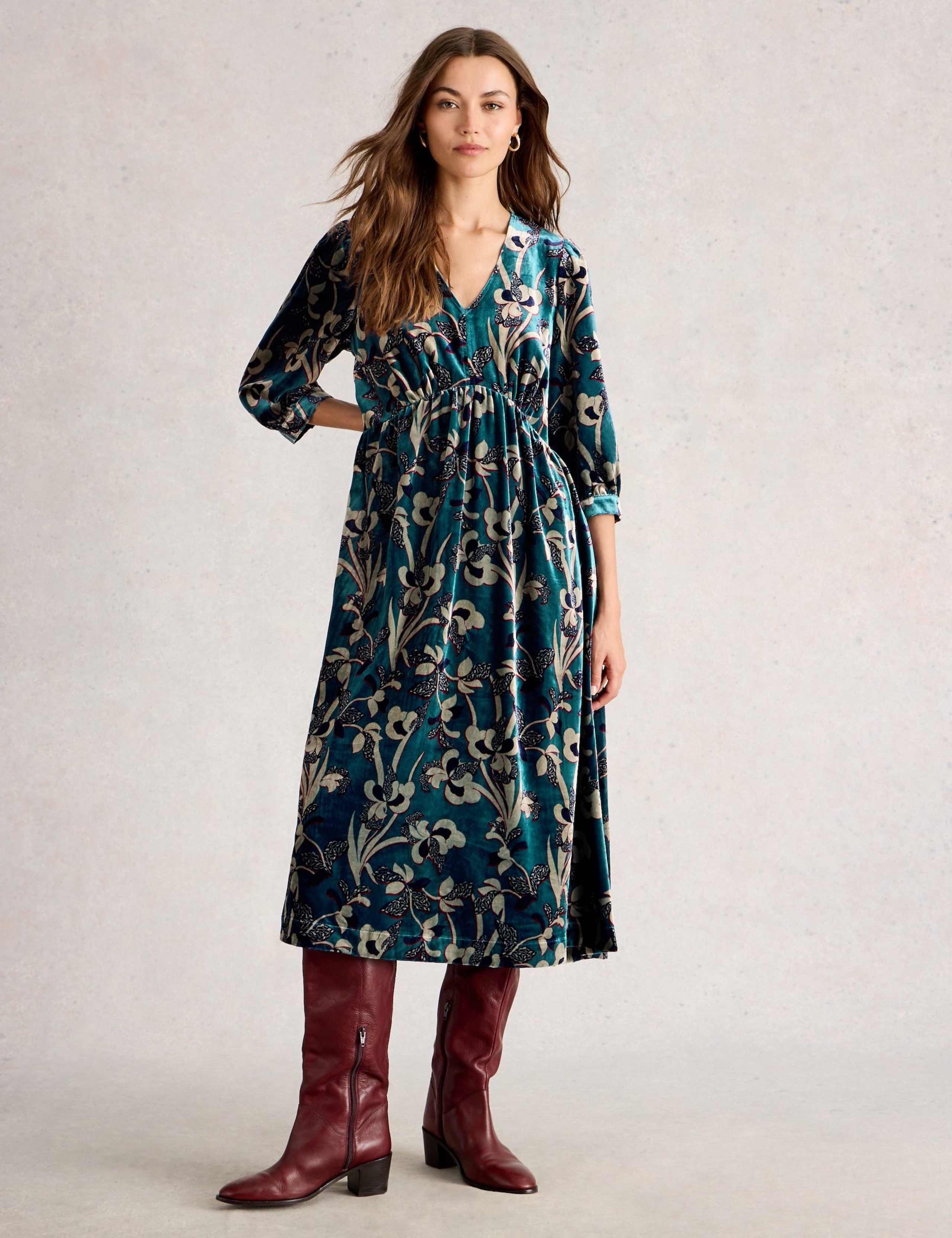 Velvet Floral V-Neck Midi Waisted Dress