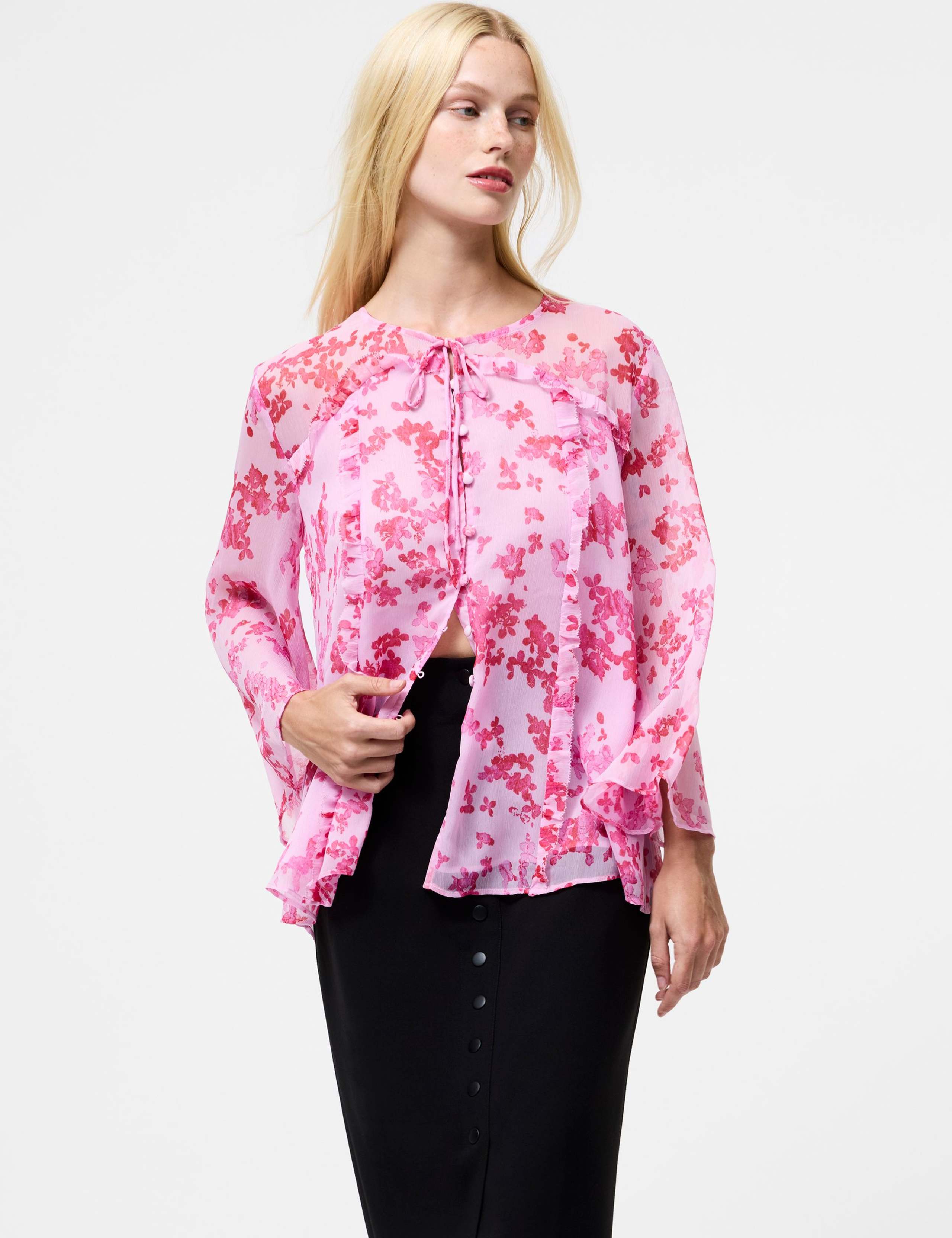 Pure Cotton Floral Tie Neck Blouse