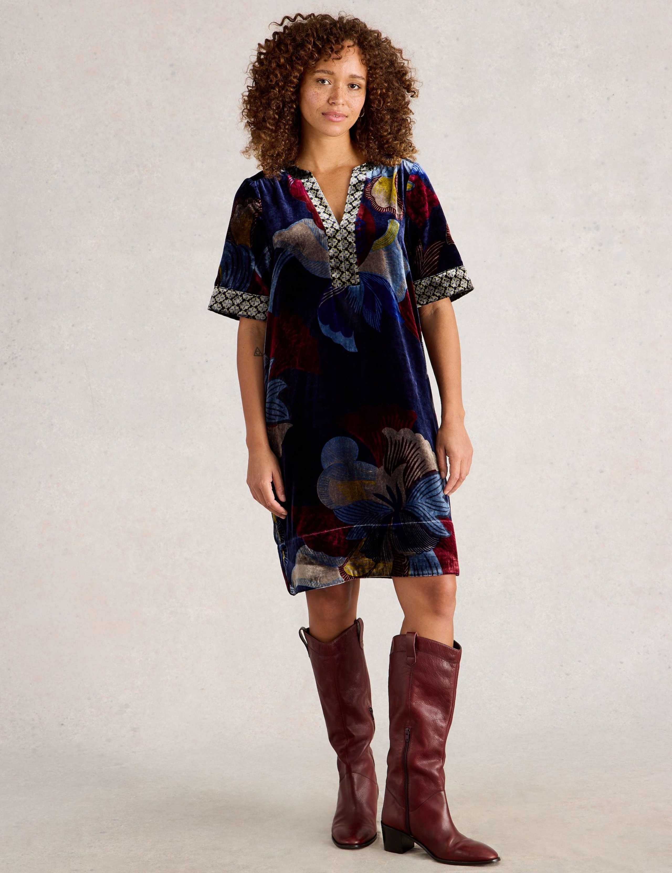 Velvet Floral Notch Neck Shift Dress