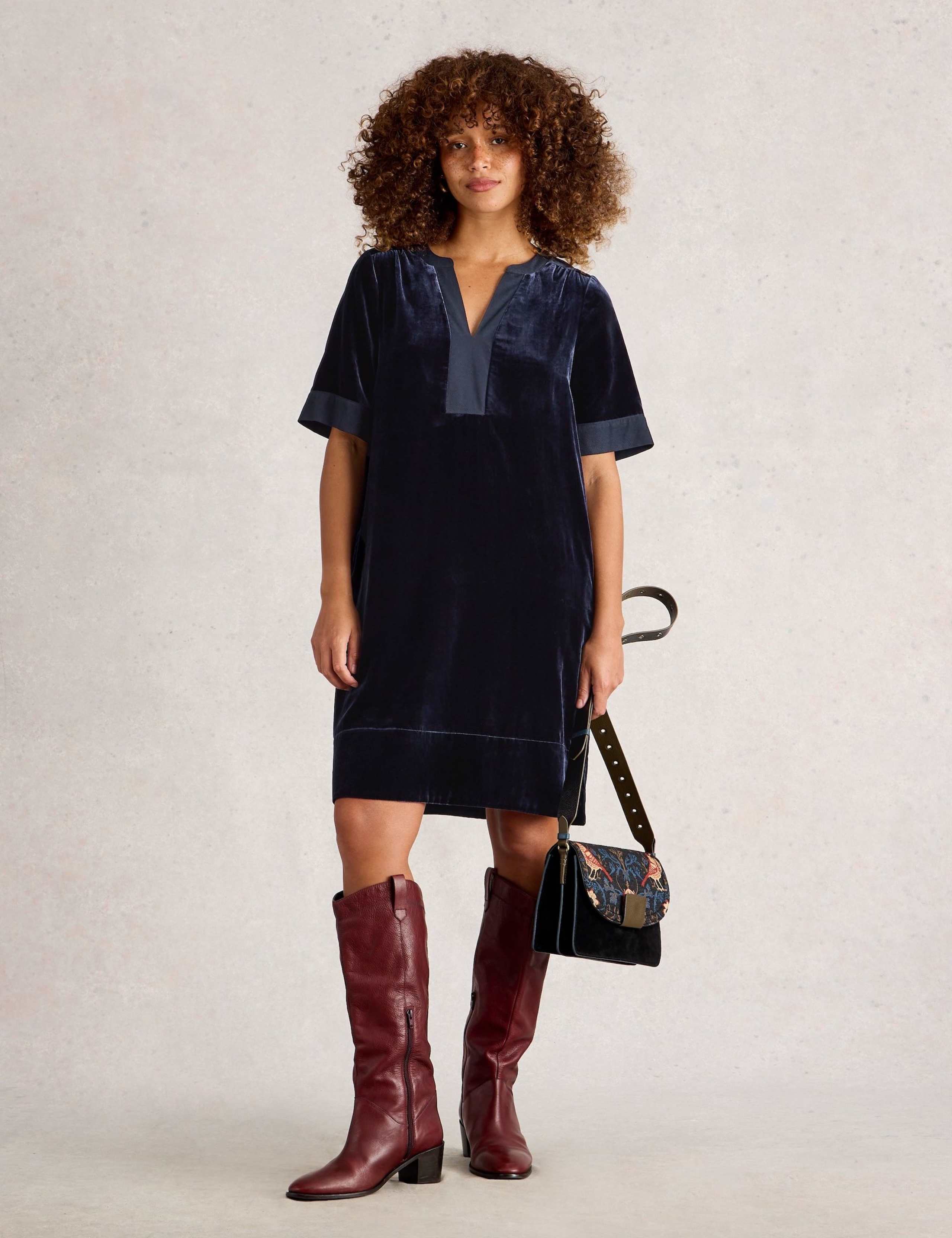 Velvet Knee Length V-Neck Shift Dress
