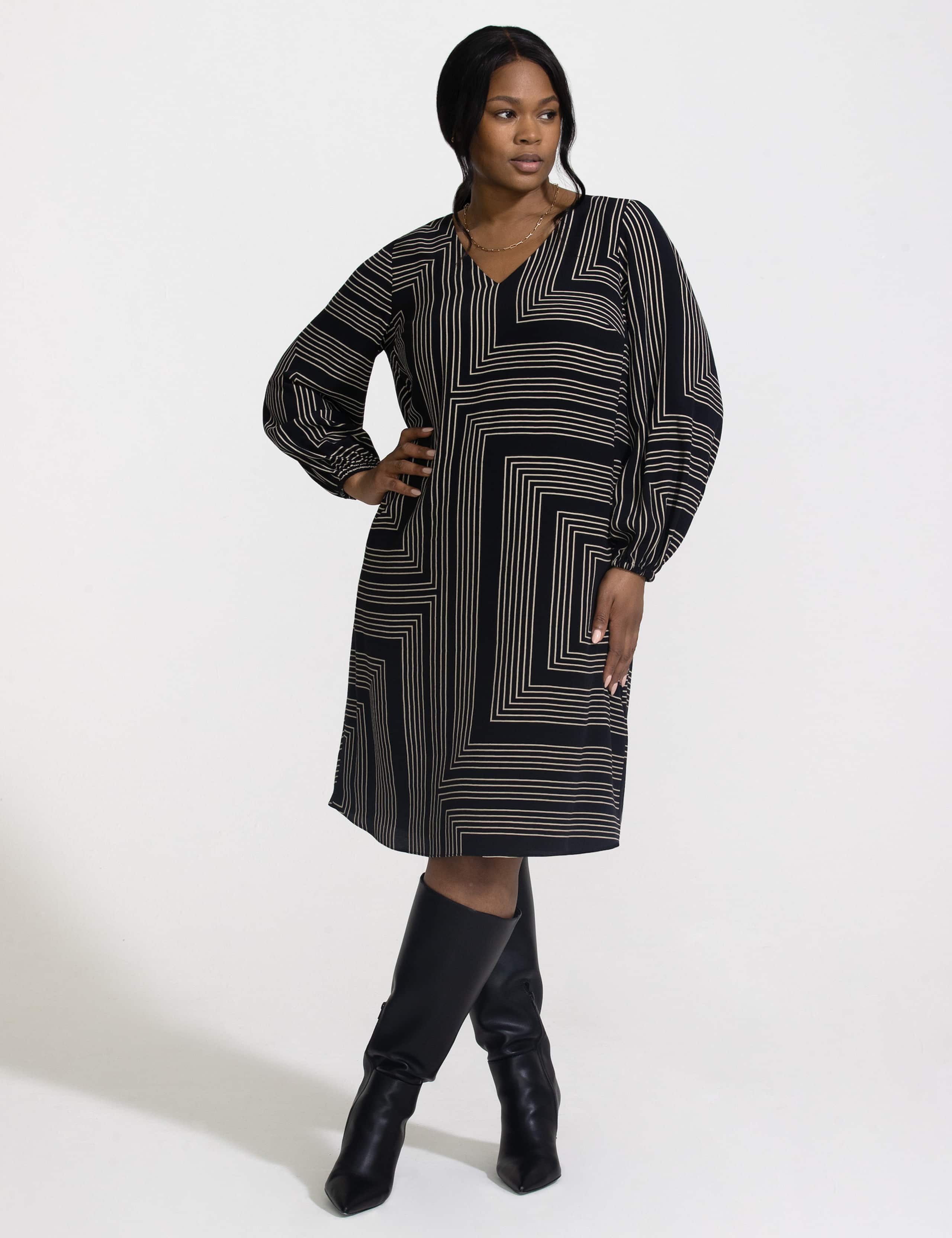 Geometric V-Neck Knee Length Swing Dress