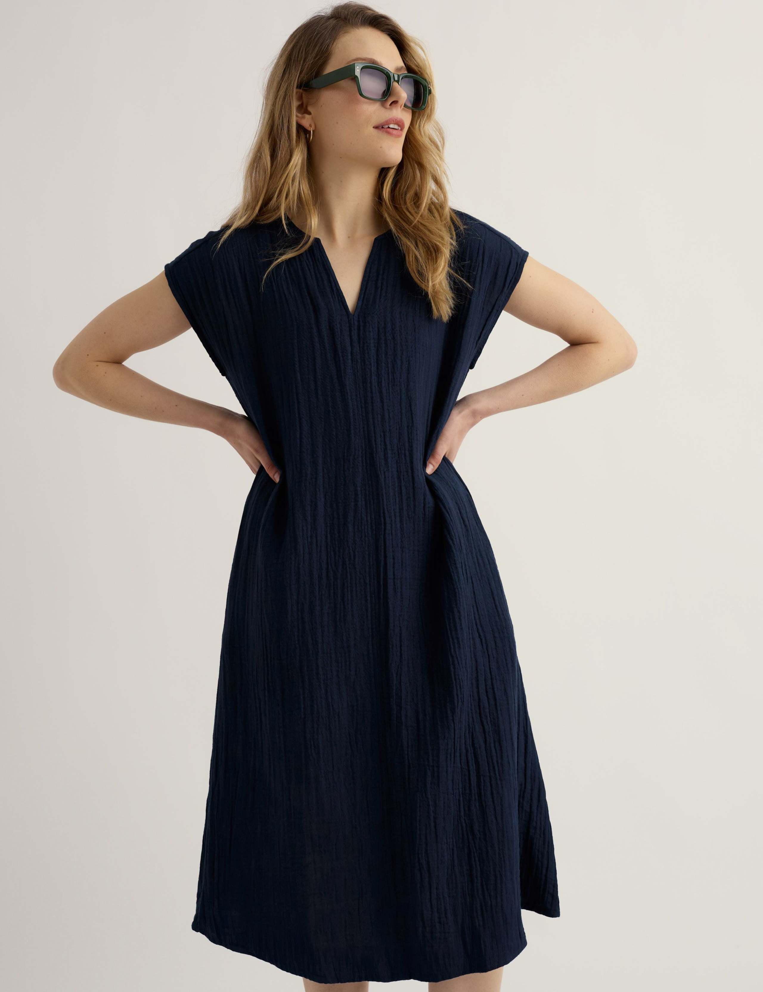 Pure Cotton Textured Midi Shift Dress