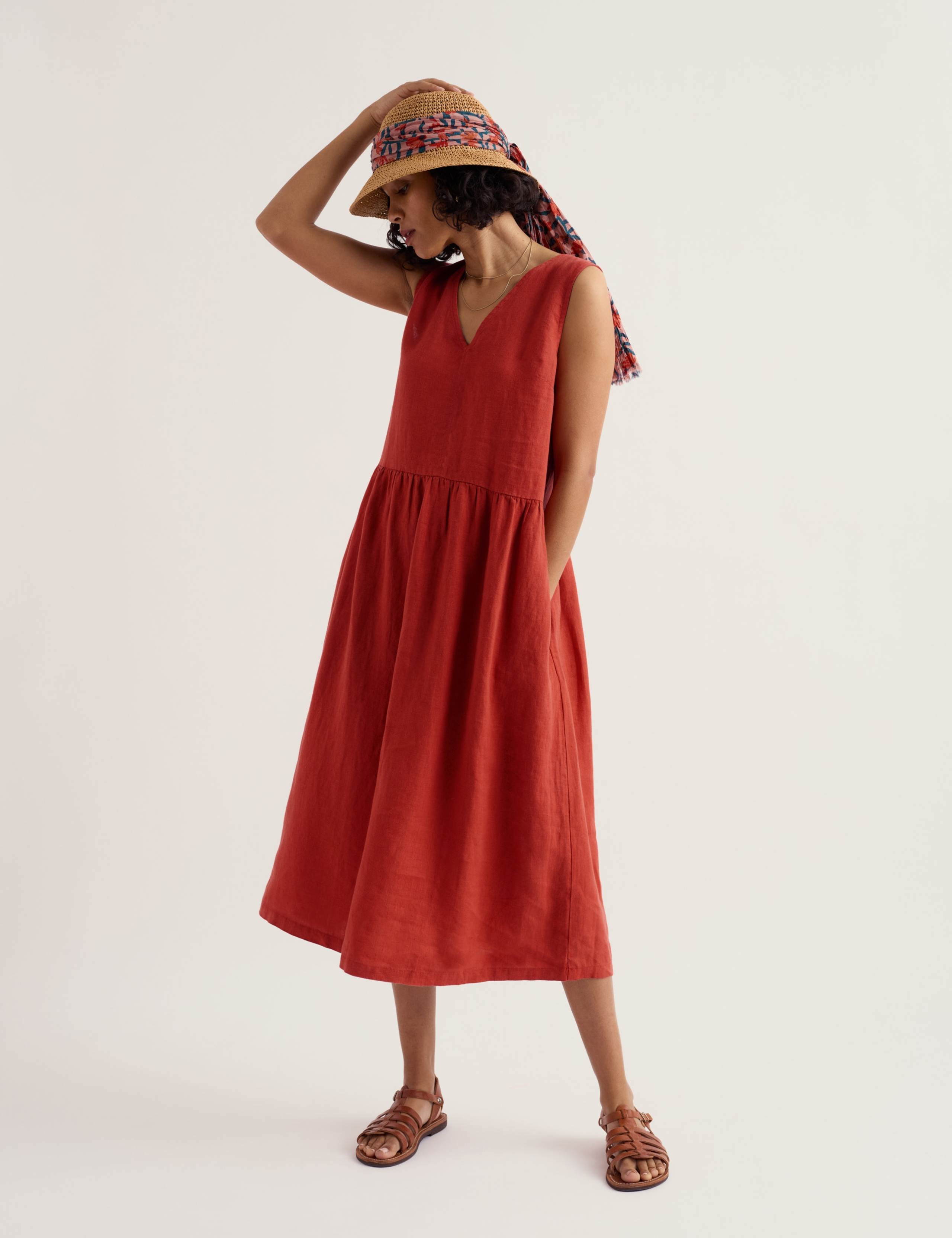 Pure Linen V-Neck Midi Waisted Dress