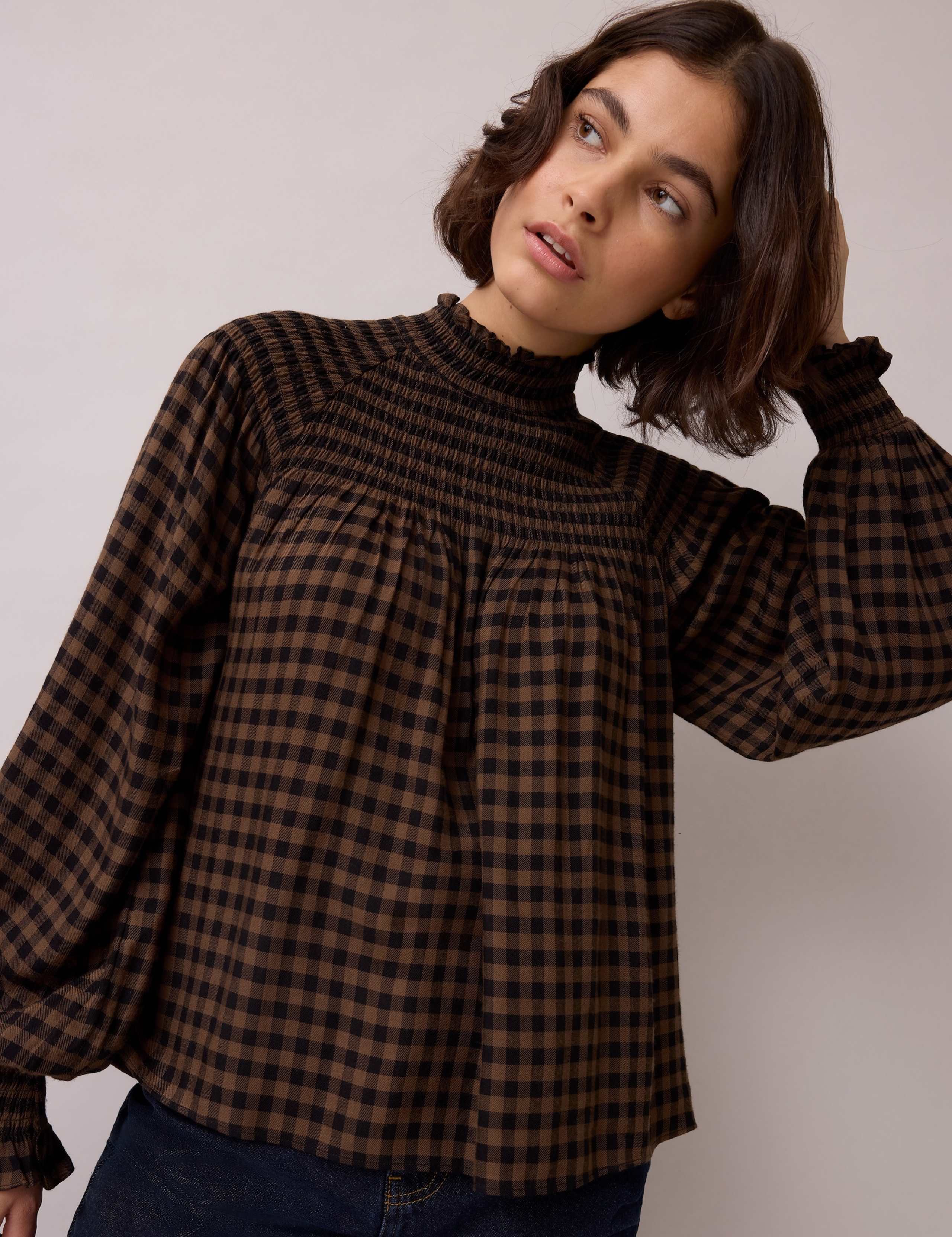 Gingham Shirred High Neck Blouse