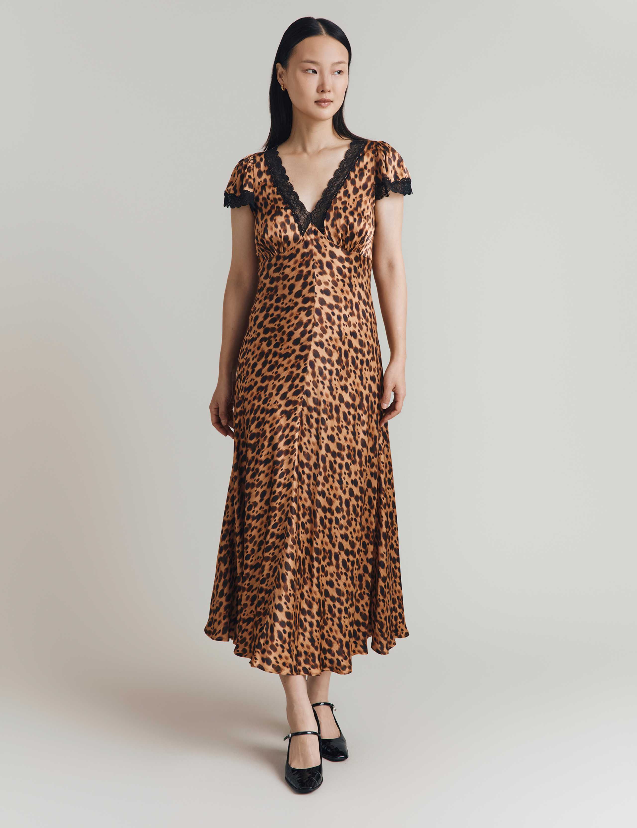 Satin Animal Print V-Neck Midi Skater Dress