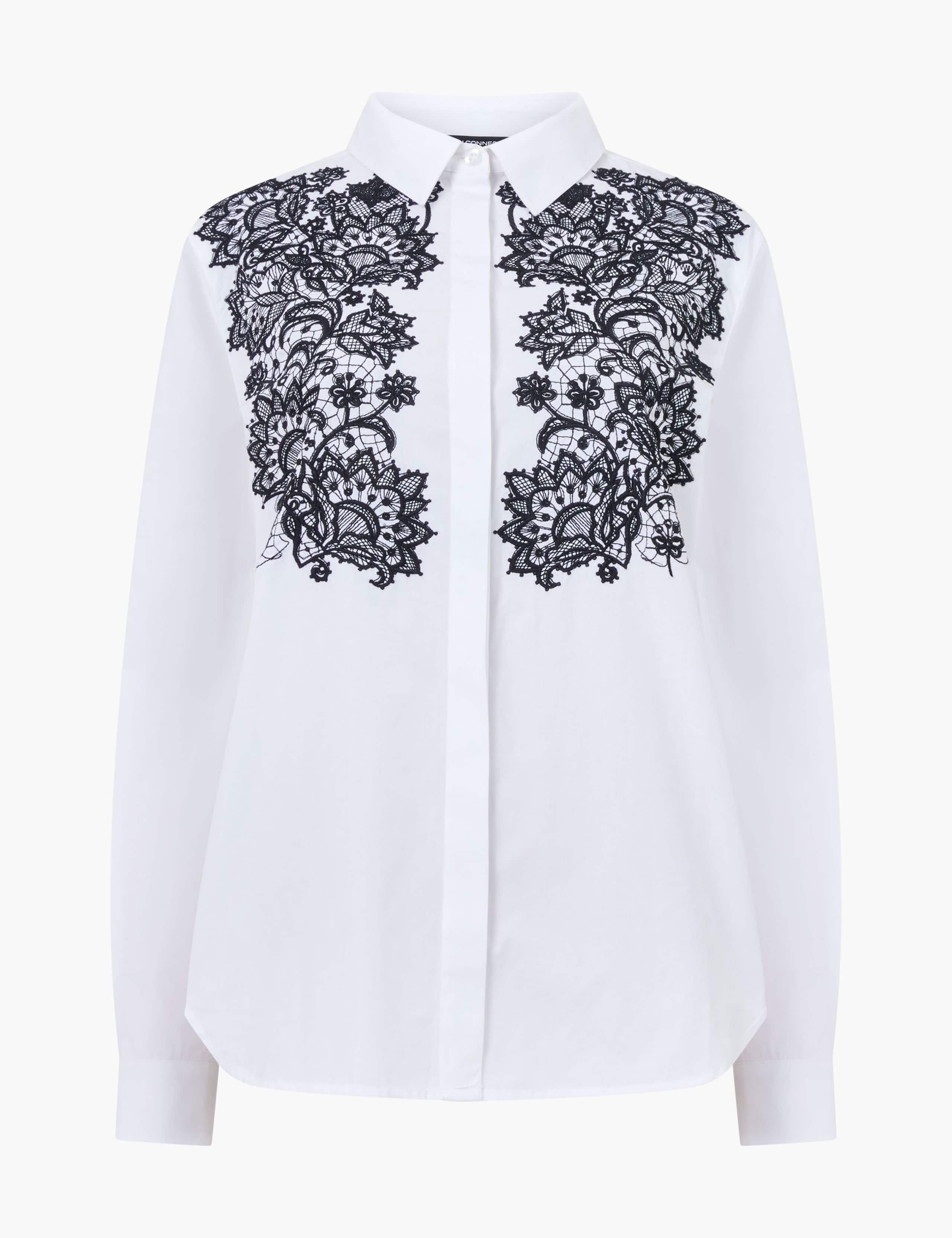 Pure Cotton Contrast Floral Embroidered Shirt