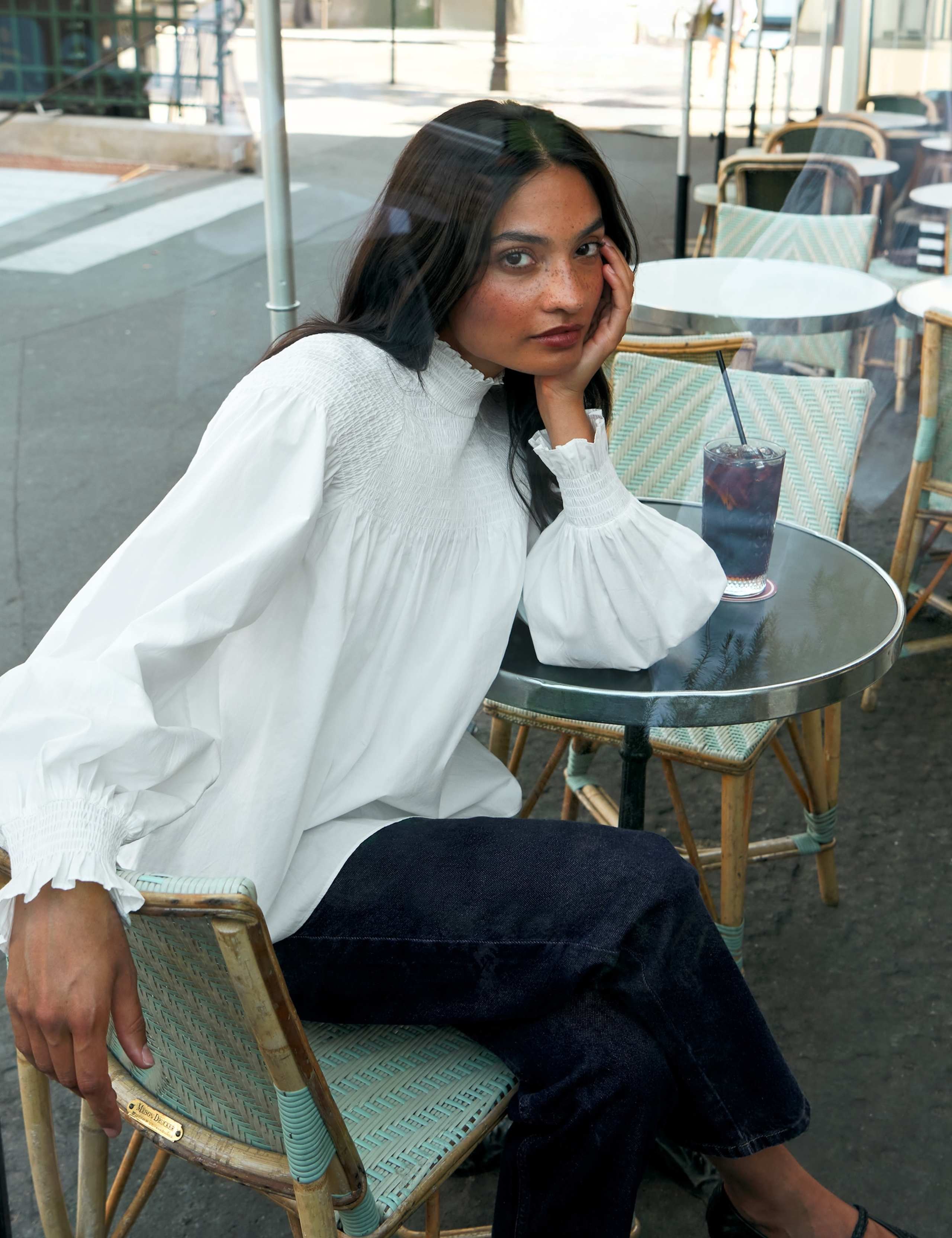 Pure Cotton Shirred High Neck Blouse