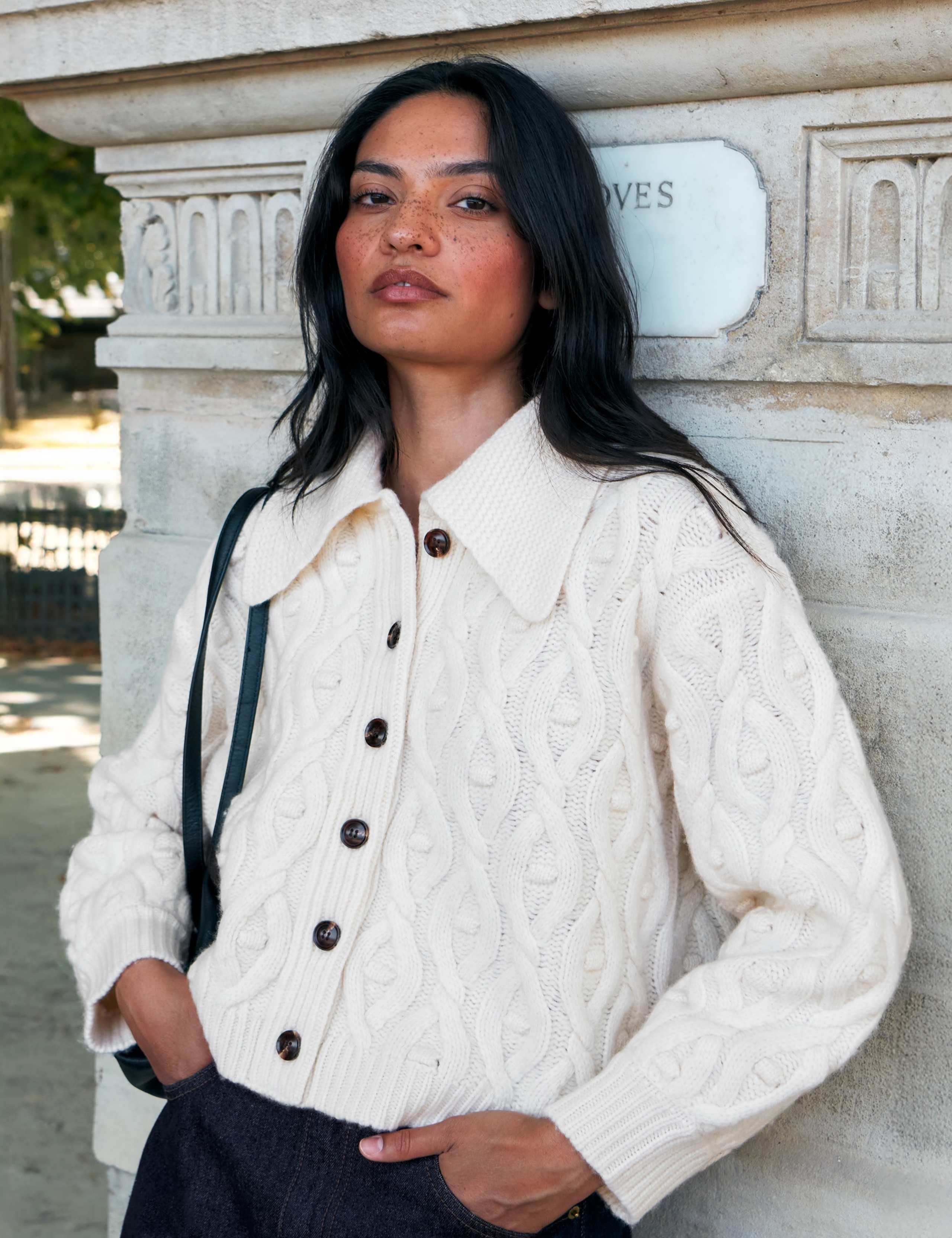 Pure Wool Cable Knit Collared Cropped Cardigan