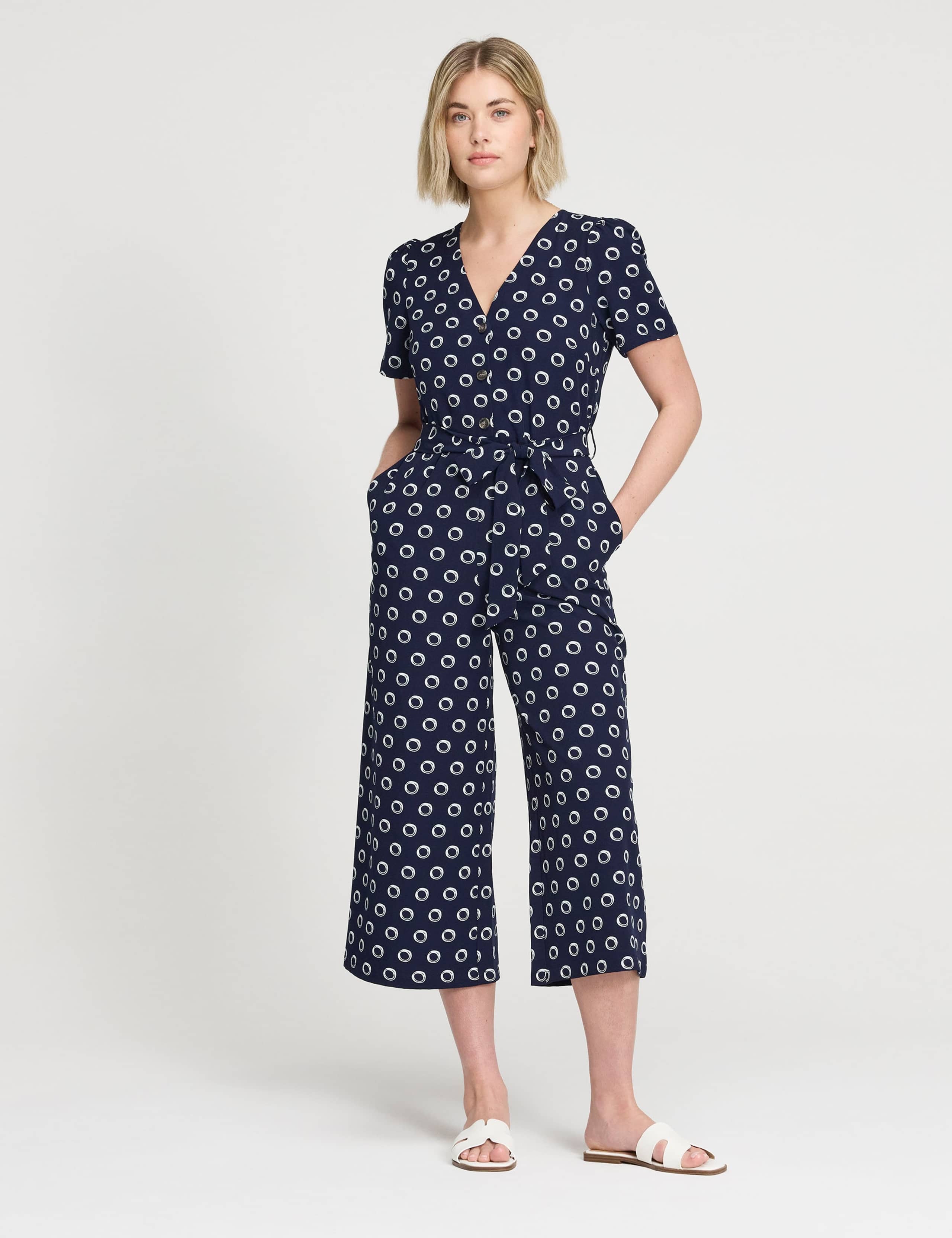 Spot Print Tie Detail Cropped Jumpsuit