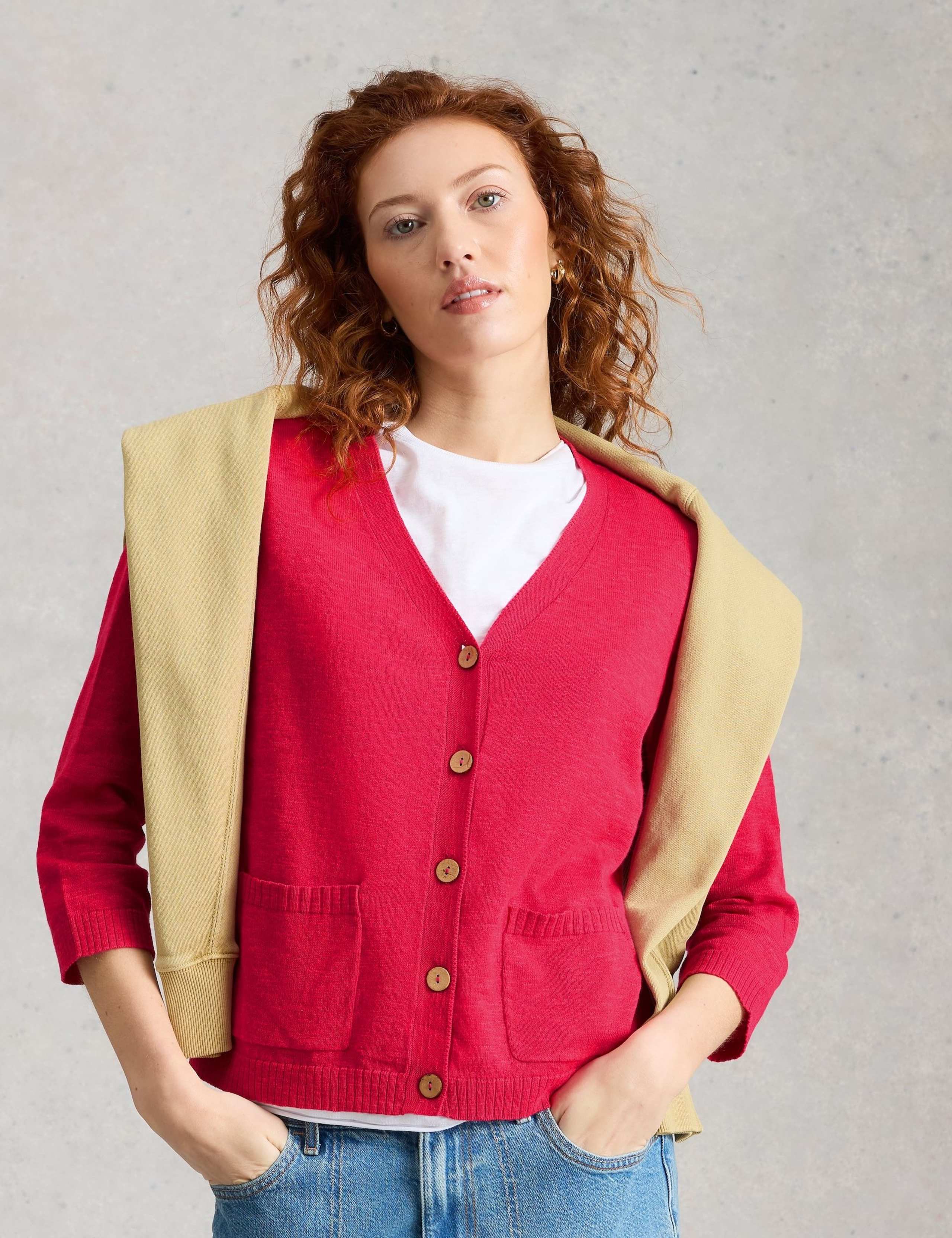 Cotton Rich V-Neck Cardigan with Linen
