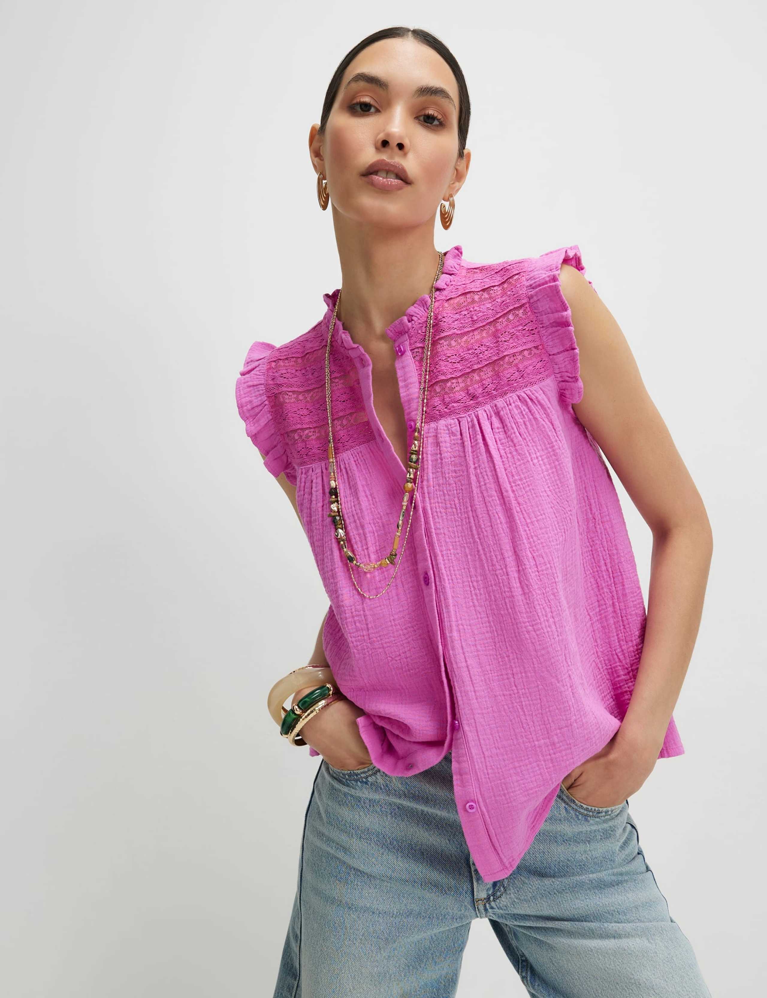 Pure Cotton Lace Yoke Frill Detail Blouse