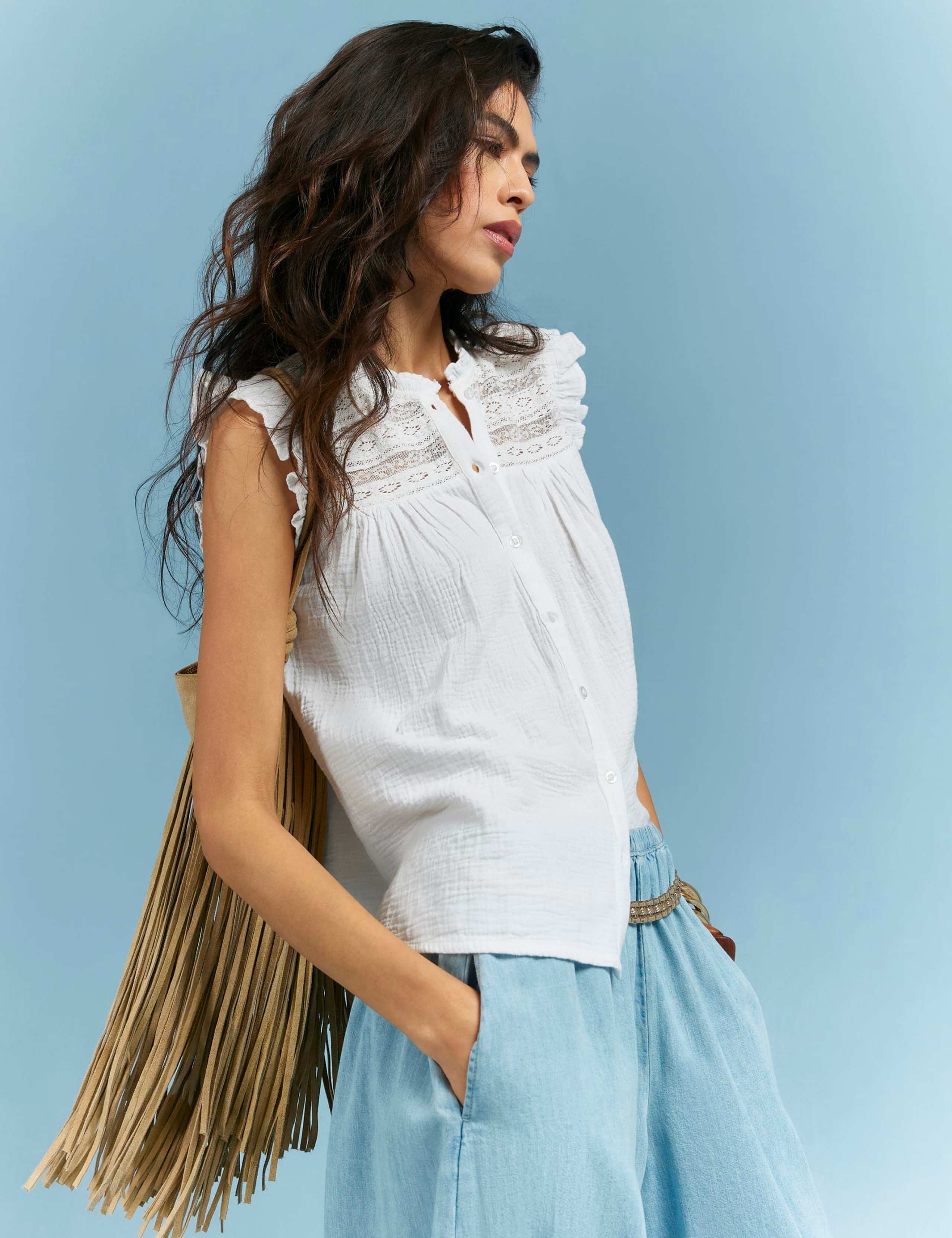 Pure Cotton Lace Yoke Frill Detail Blouse