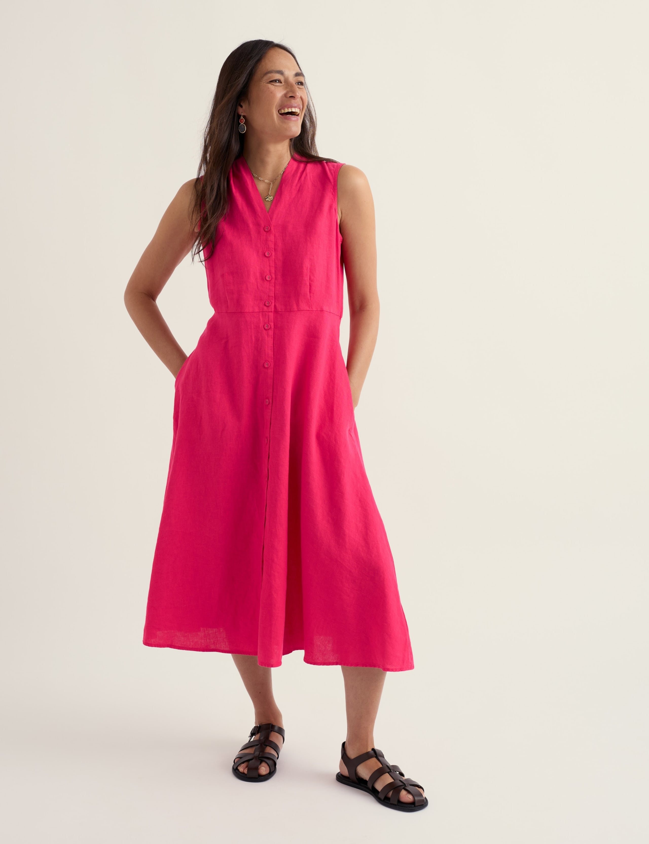 Pure Linen V-Neck Midi Waisted Dress