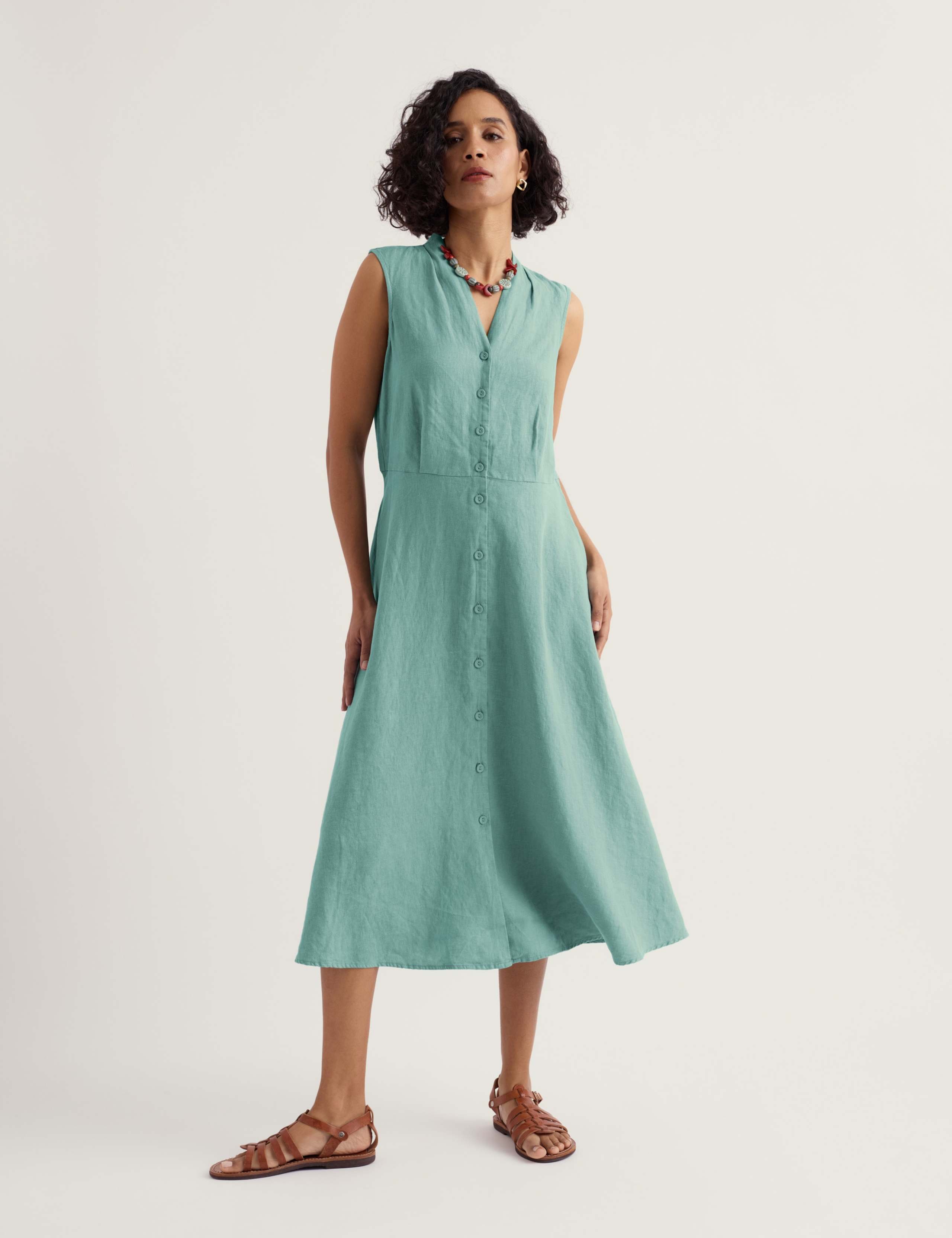 Pure Linen V-Neck Midi Waisted Dress