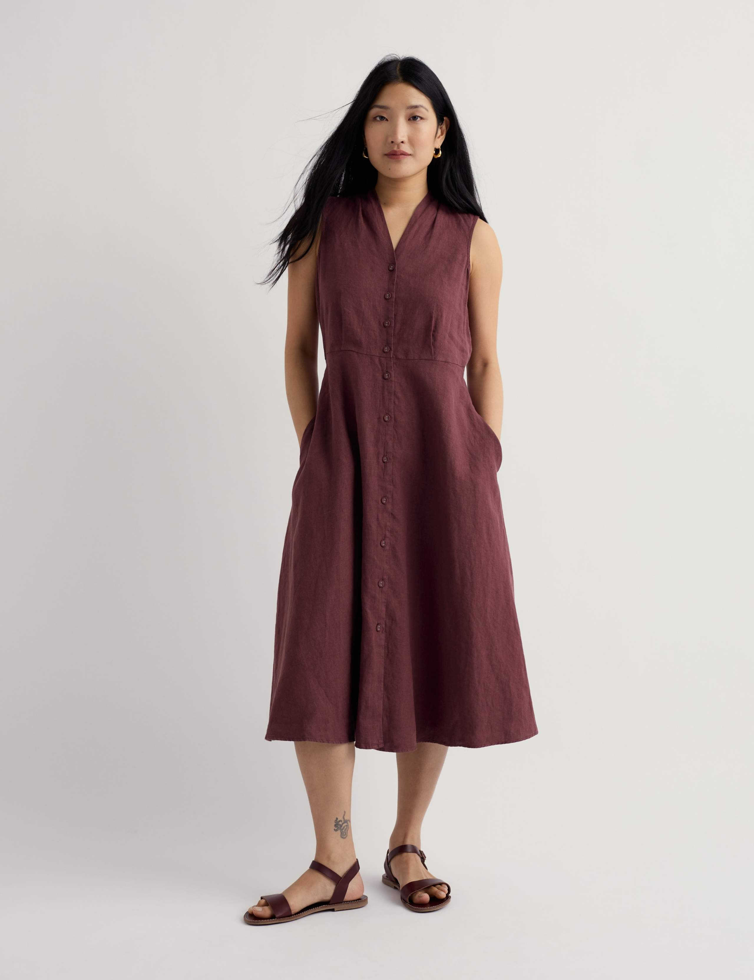 Pure Linen V-Neck Midi Waisted Dress