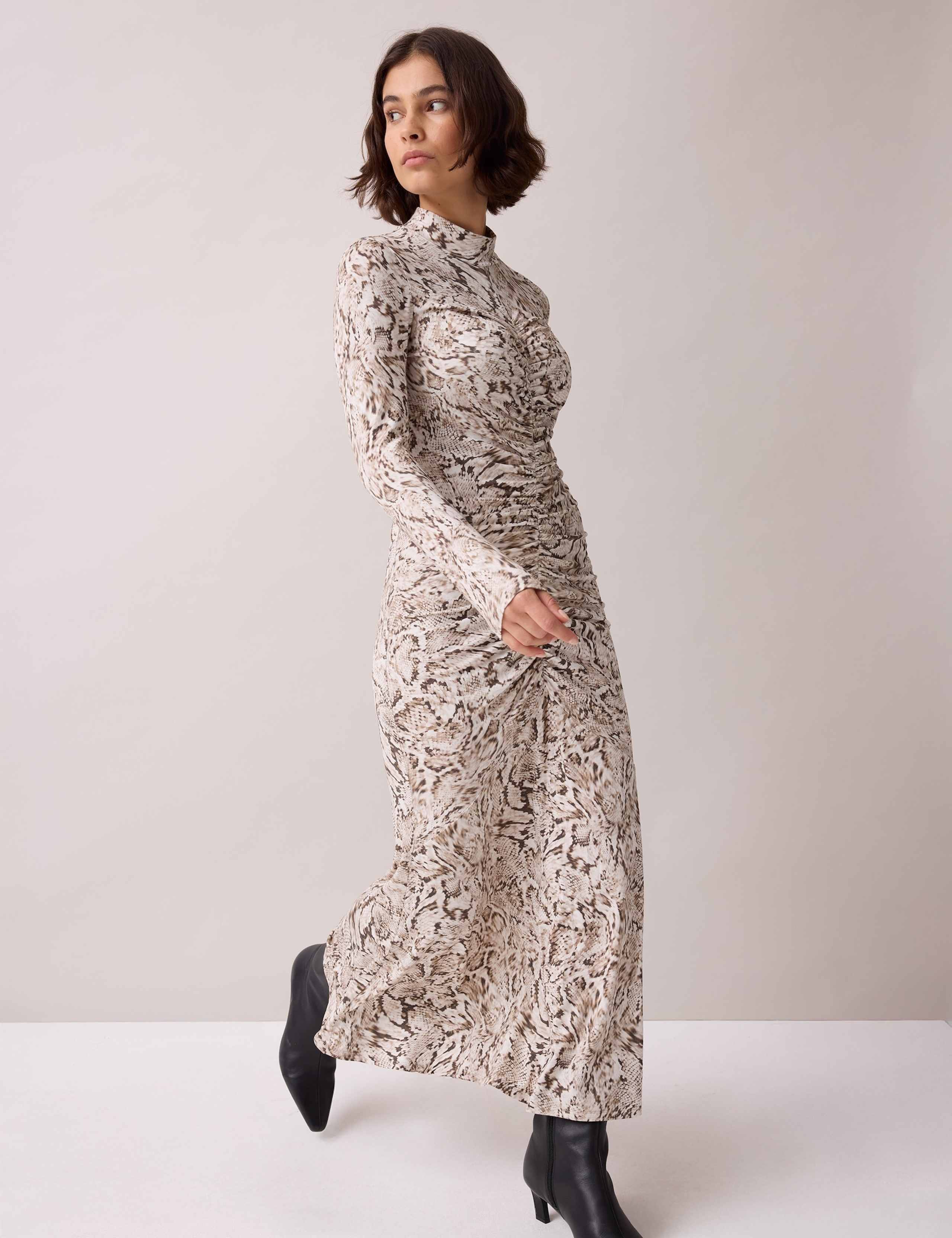 Animal Print Roll Neck Ruched Midi Column Dress
