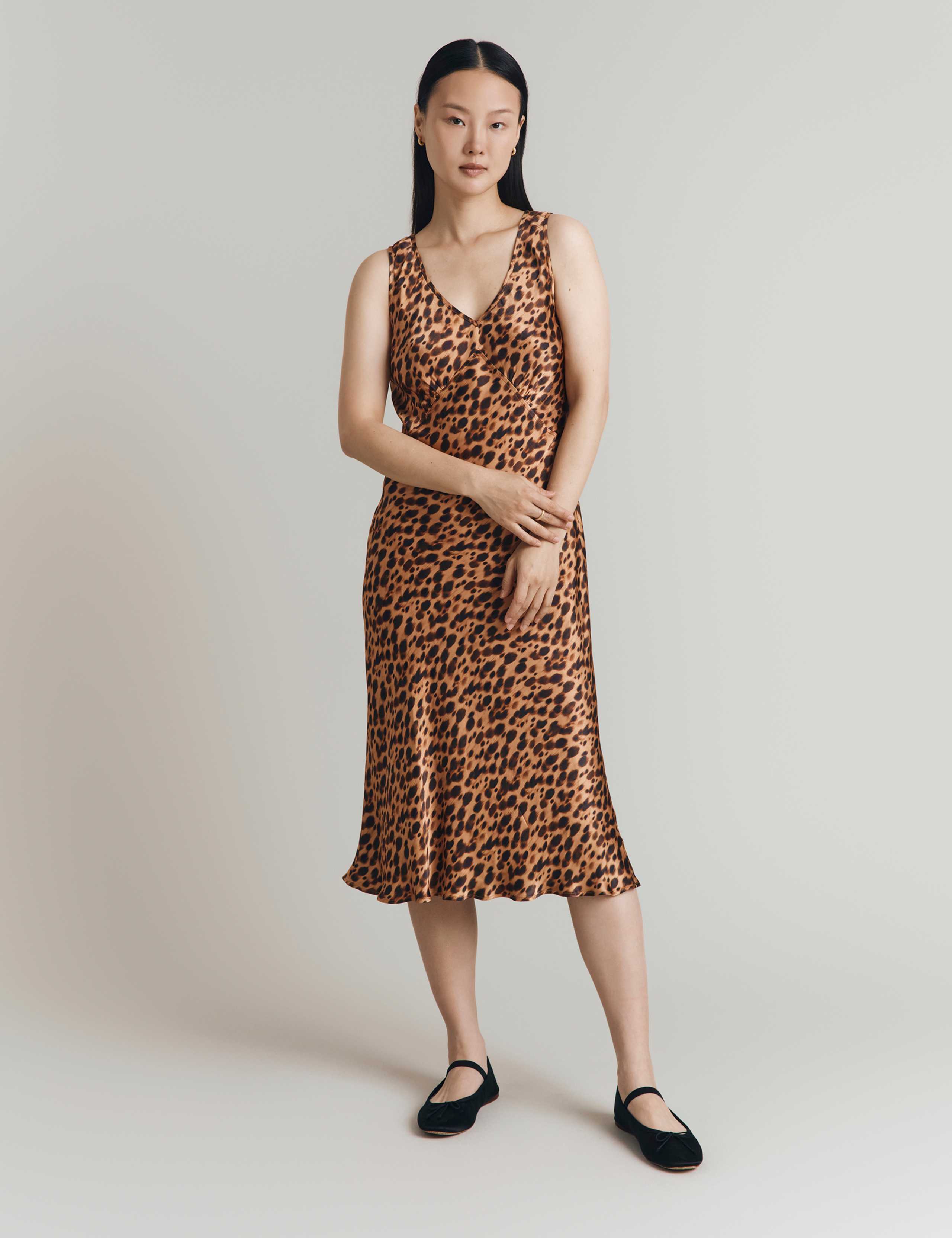 Satin Jacquard V-Neck Midi Slip Dress