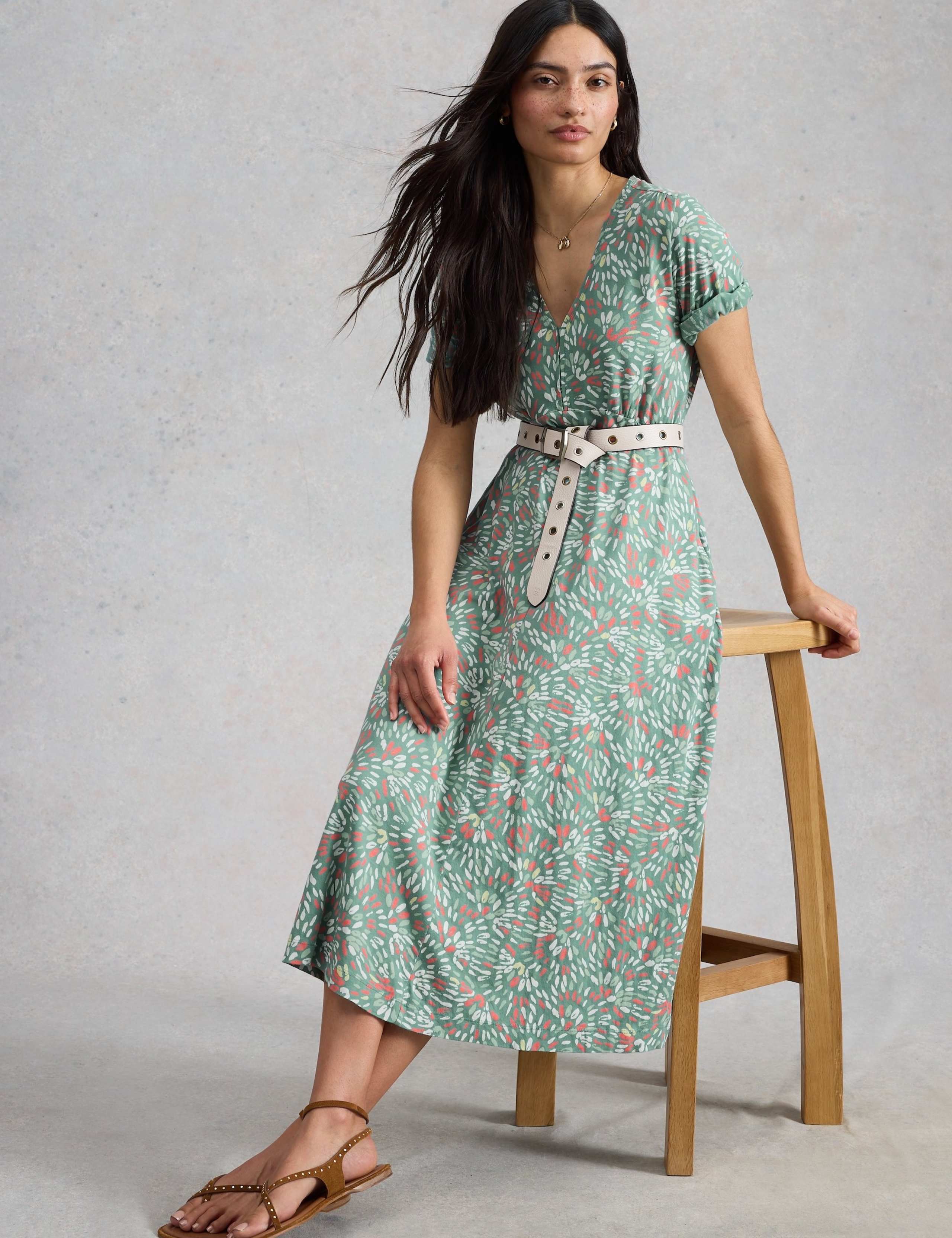 Cotton Blend V-Neck Midi Tea Dress