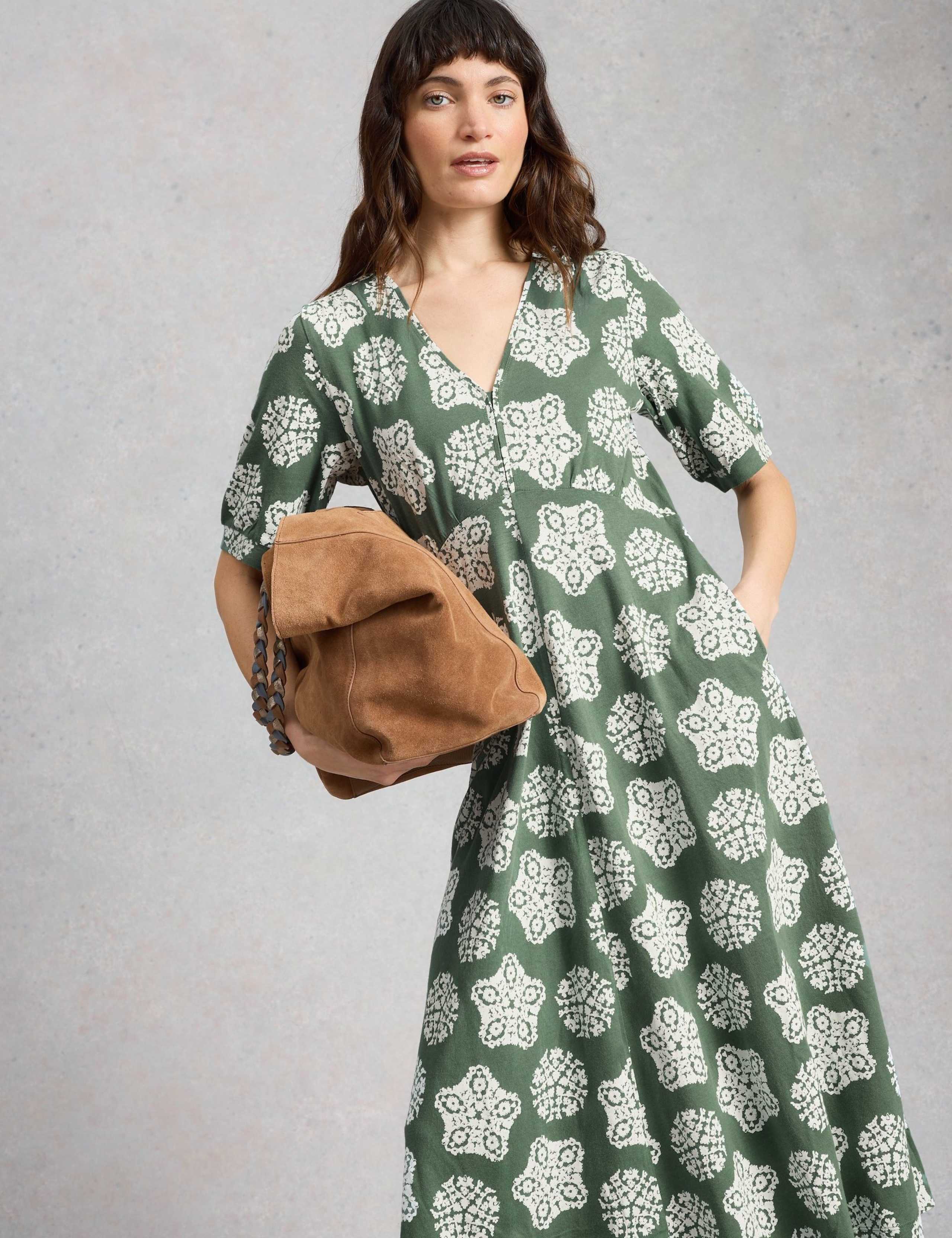 Cotton Blend V-Neck Midi Tea Dress
