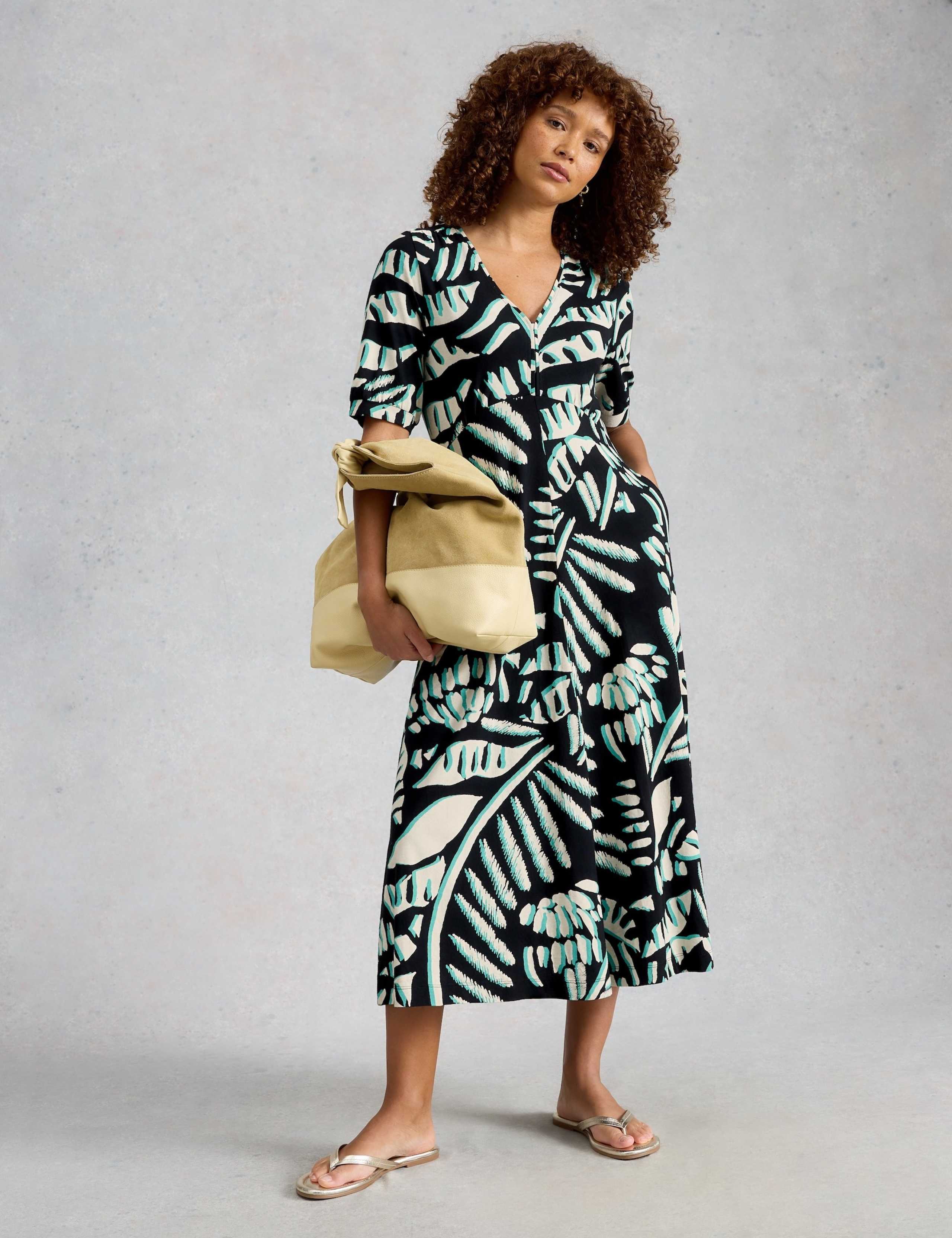 Cotton Blend V-Neck Midi Tea Dress