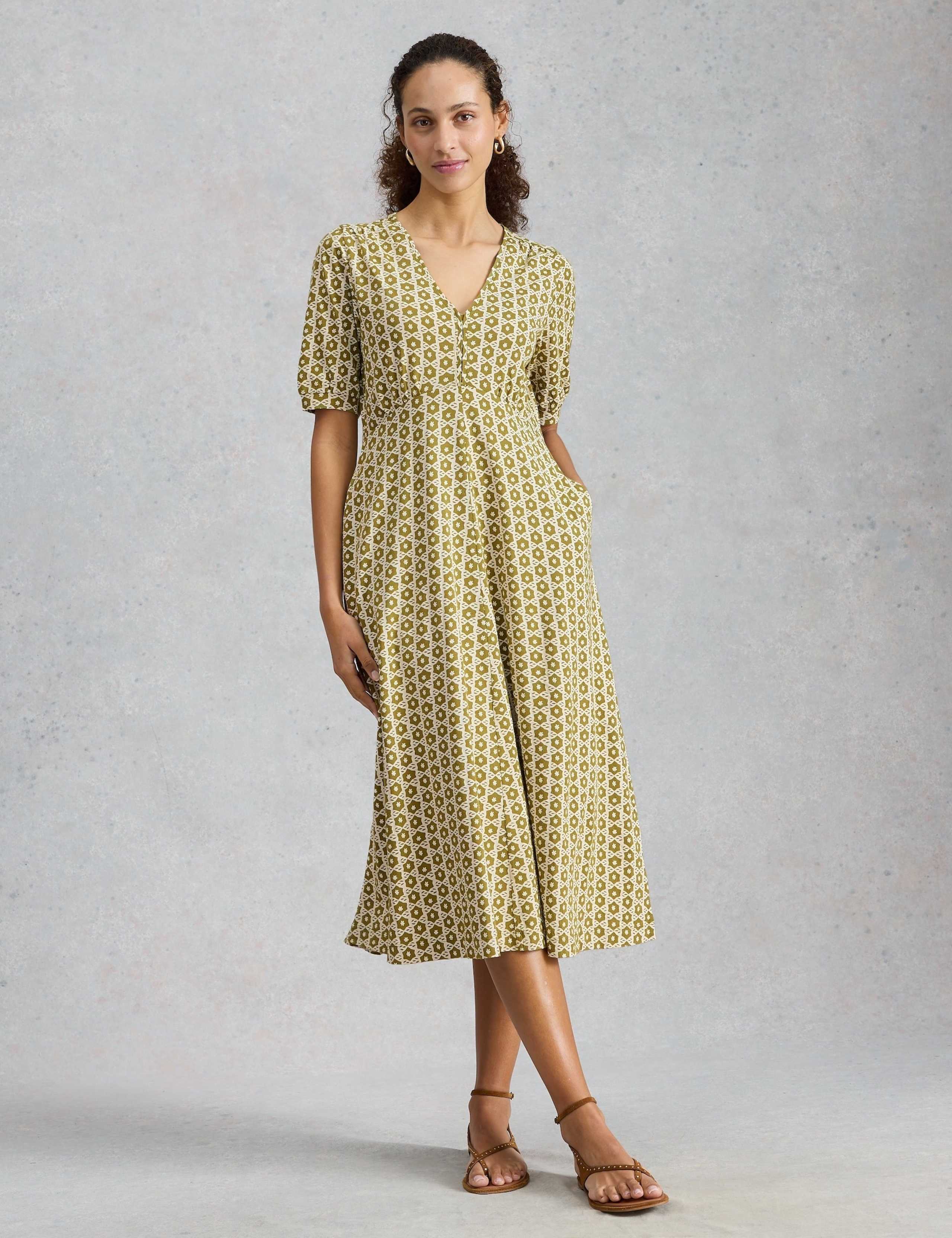 Cotton Blend V-Neck Midi Tea Dress
