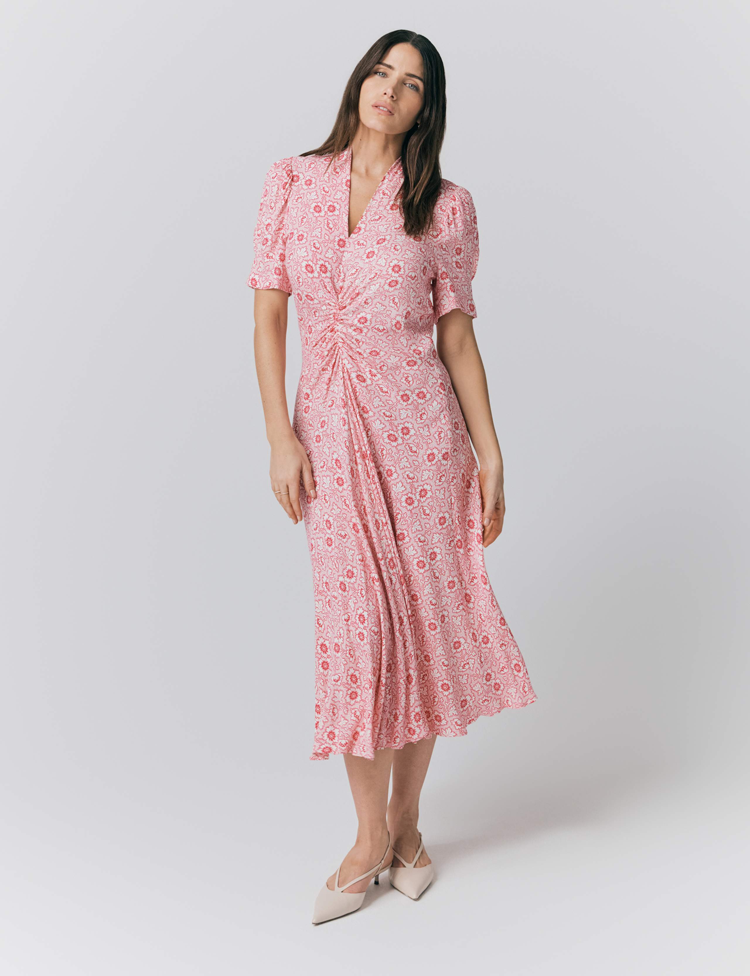 Crepe Floral V-Neck Midi Tea Dress