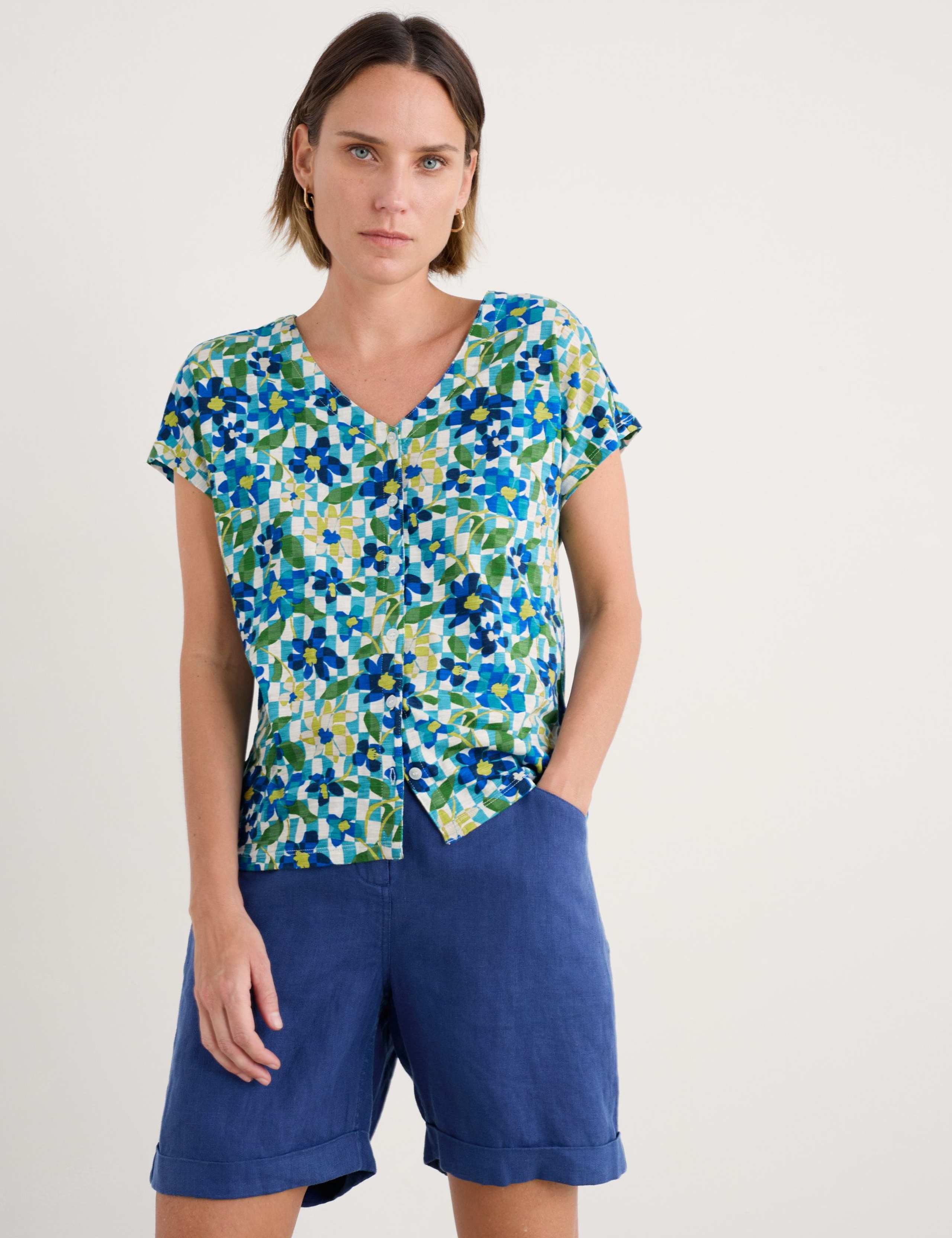 Pure Cotton Floral V-Neck Relaxed Top