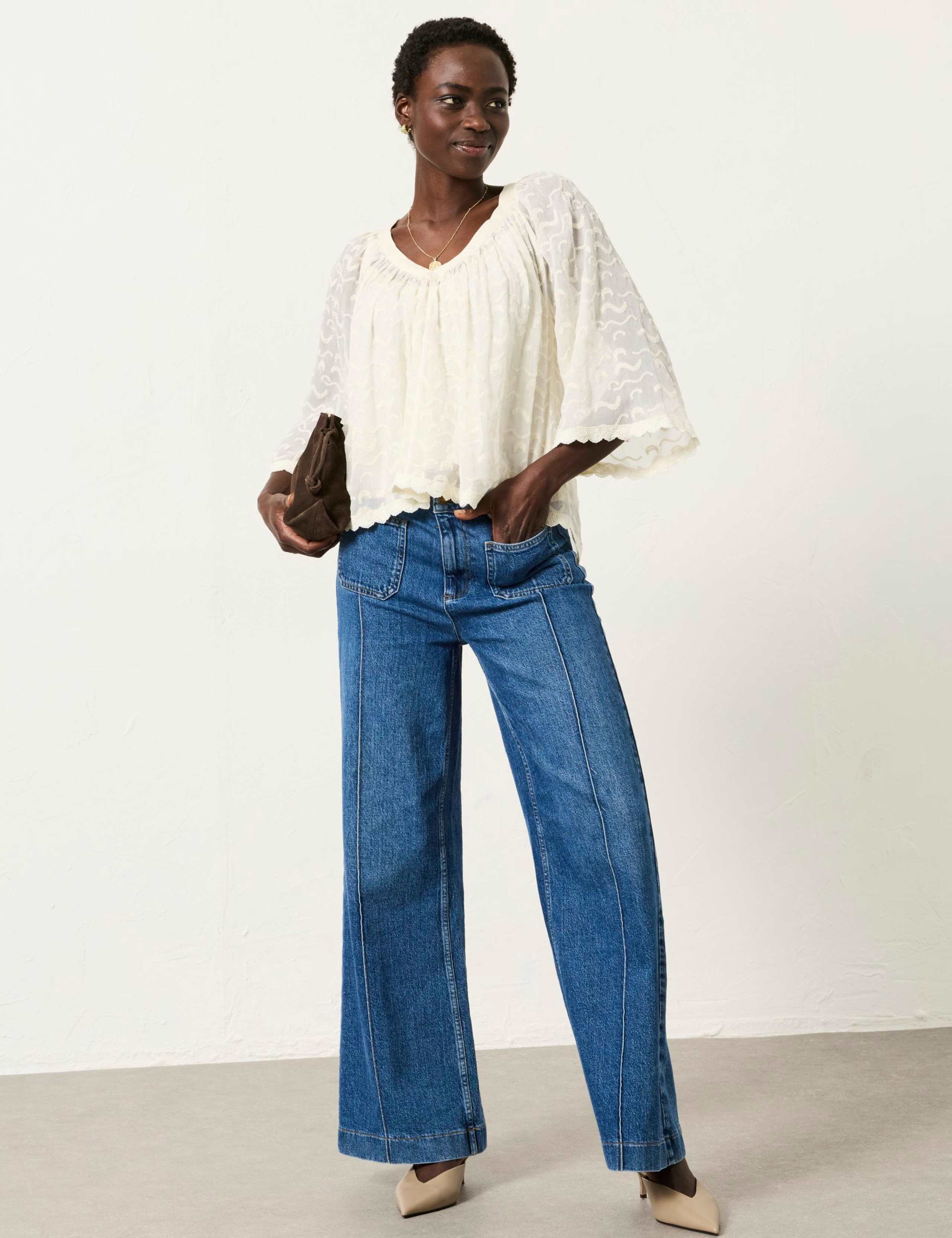 Embroidered V-Neck Scallop Trim Blouse