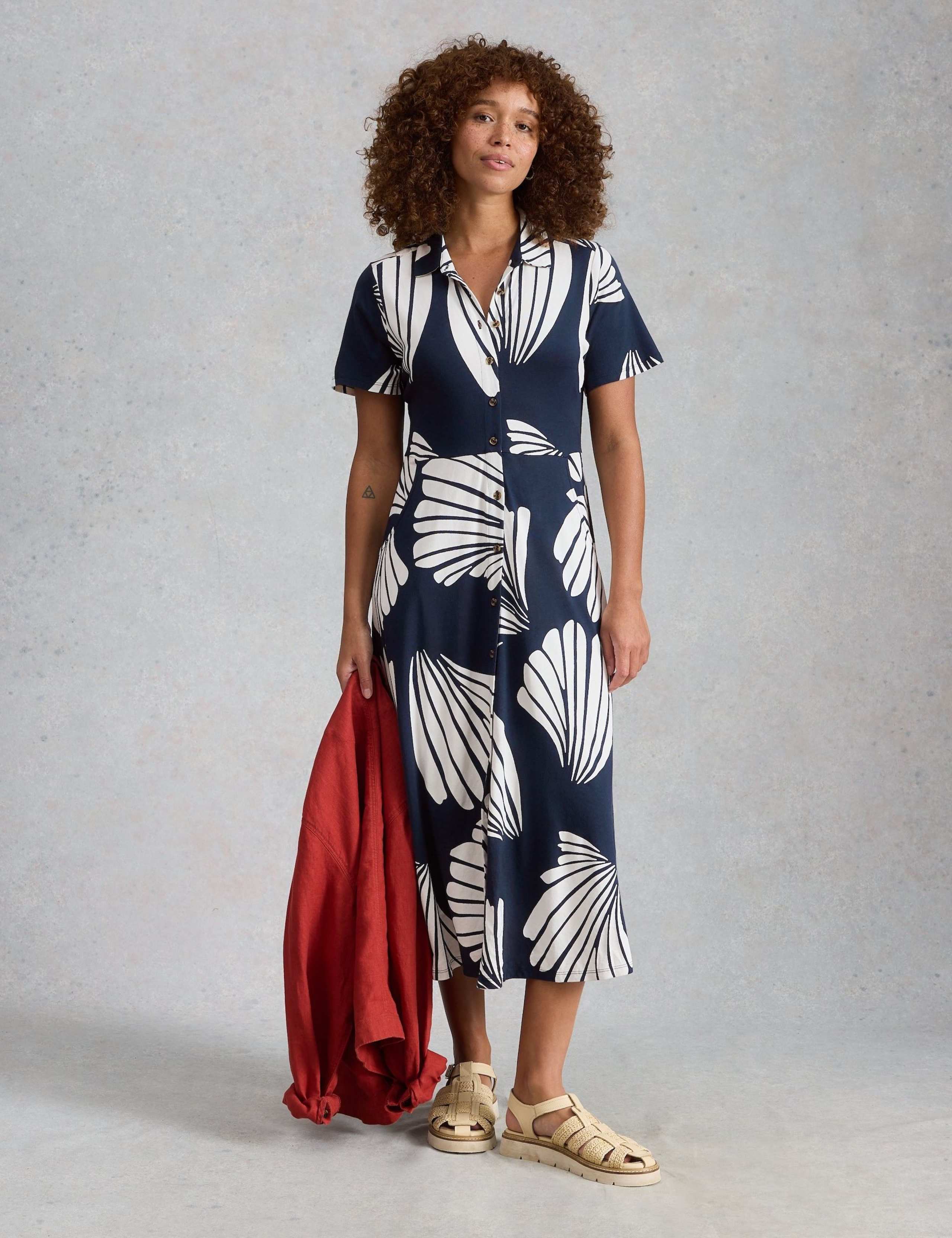 Cotton Blend Heart Print Midi Shirt Dress
