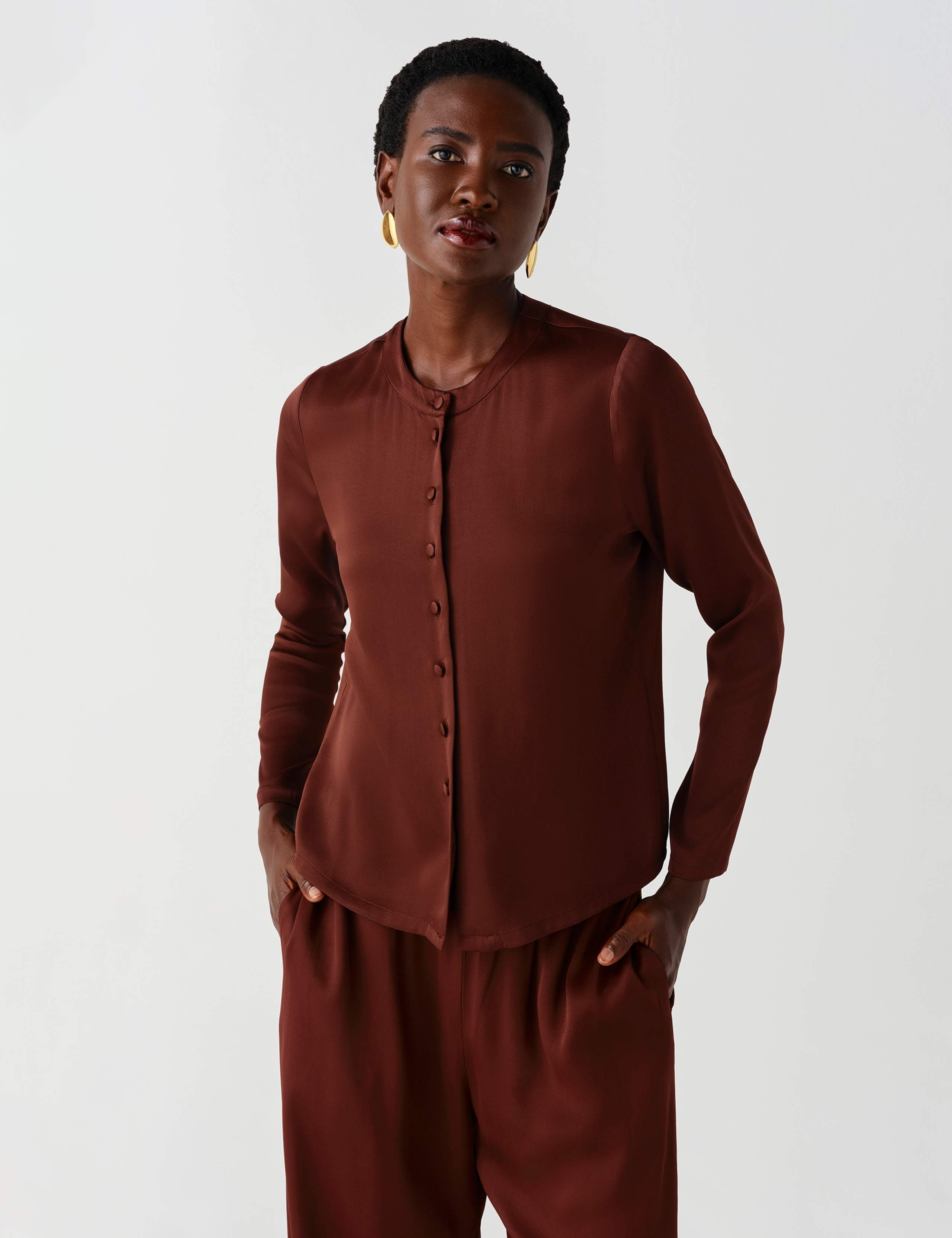 Satin Round Neck Button Through Blouse