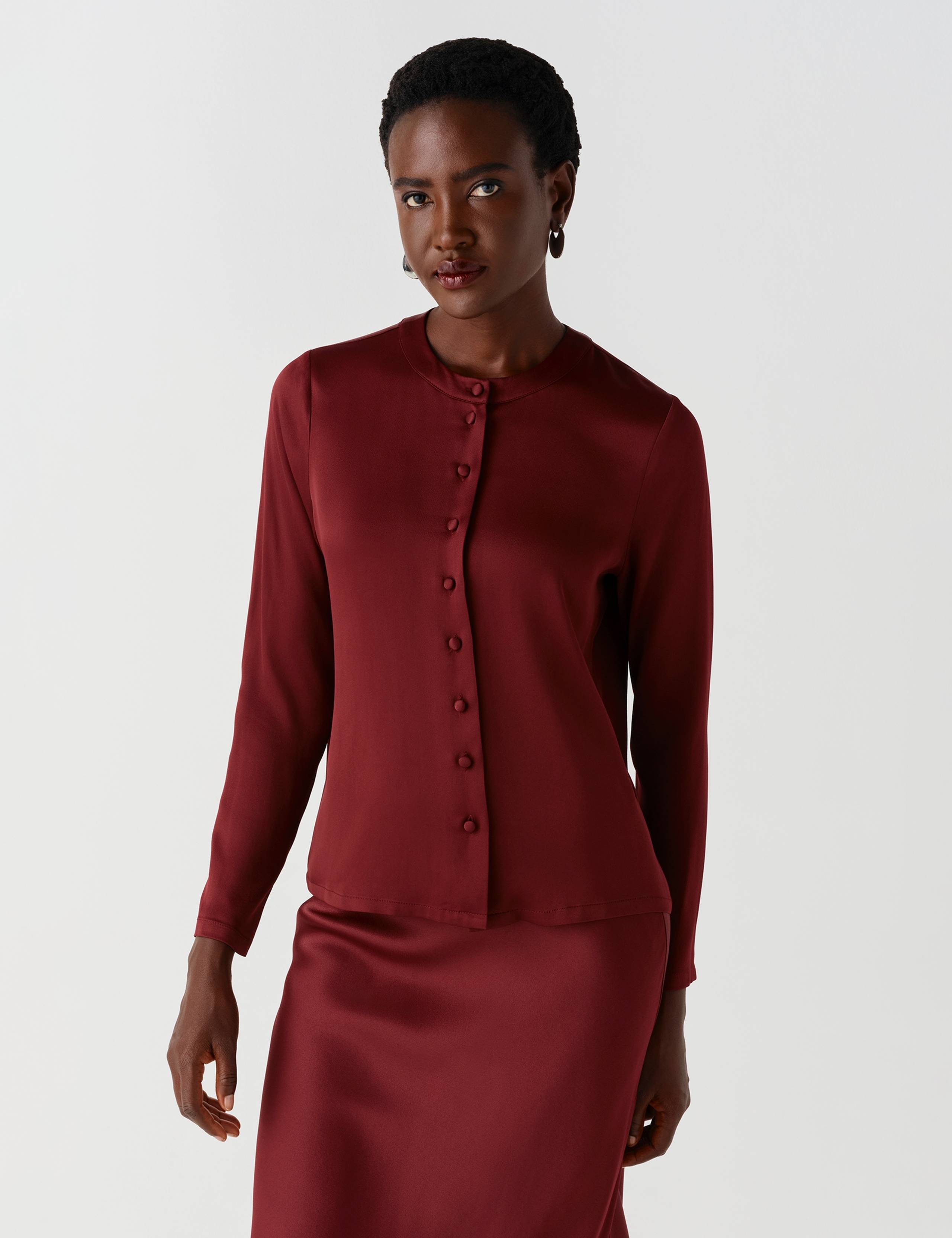 Satin Round Neck Button Through Blouse