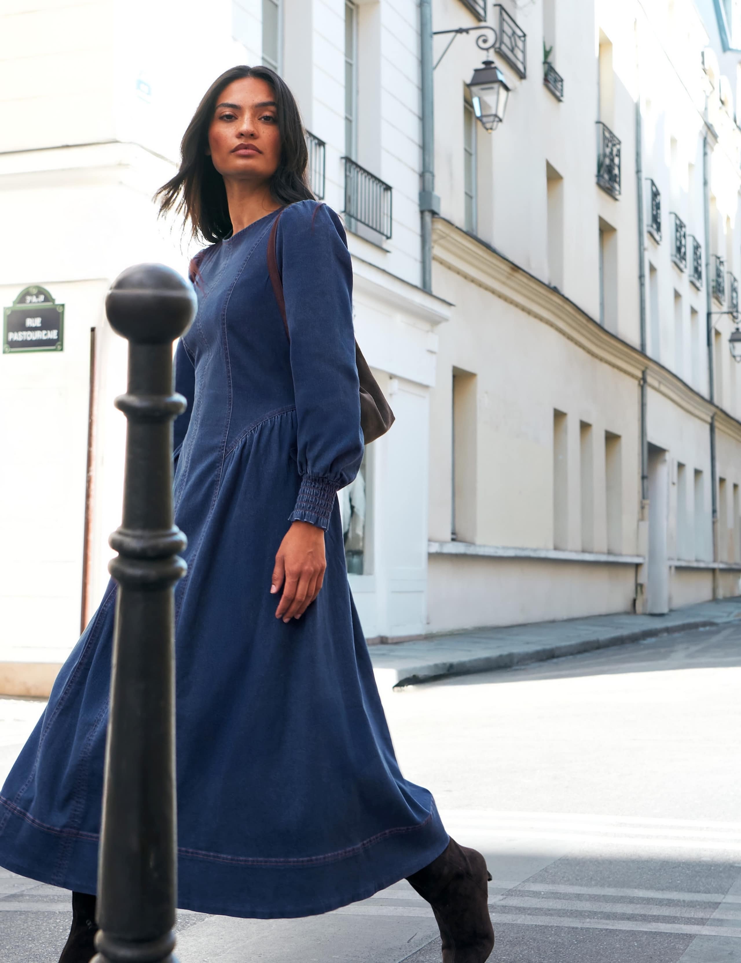 Lyocell Blend Gathered Midi Waisted Dress
