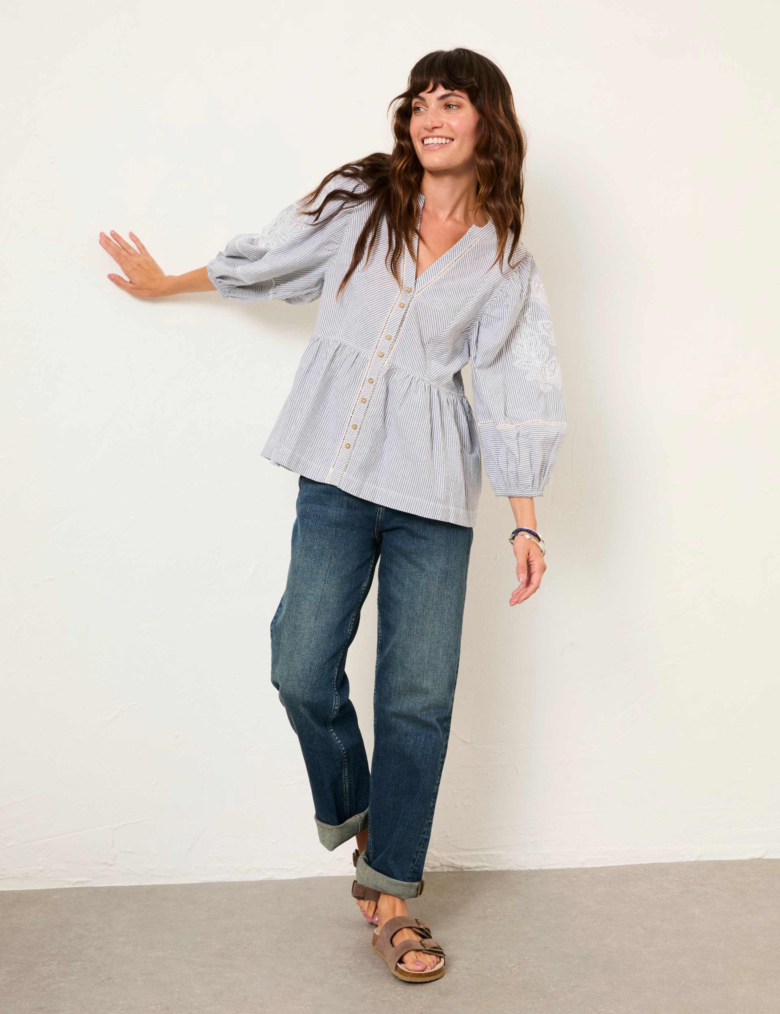 Pure Cotton Embroidered Striped V-Neck Blouse