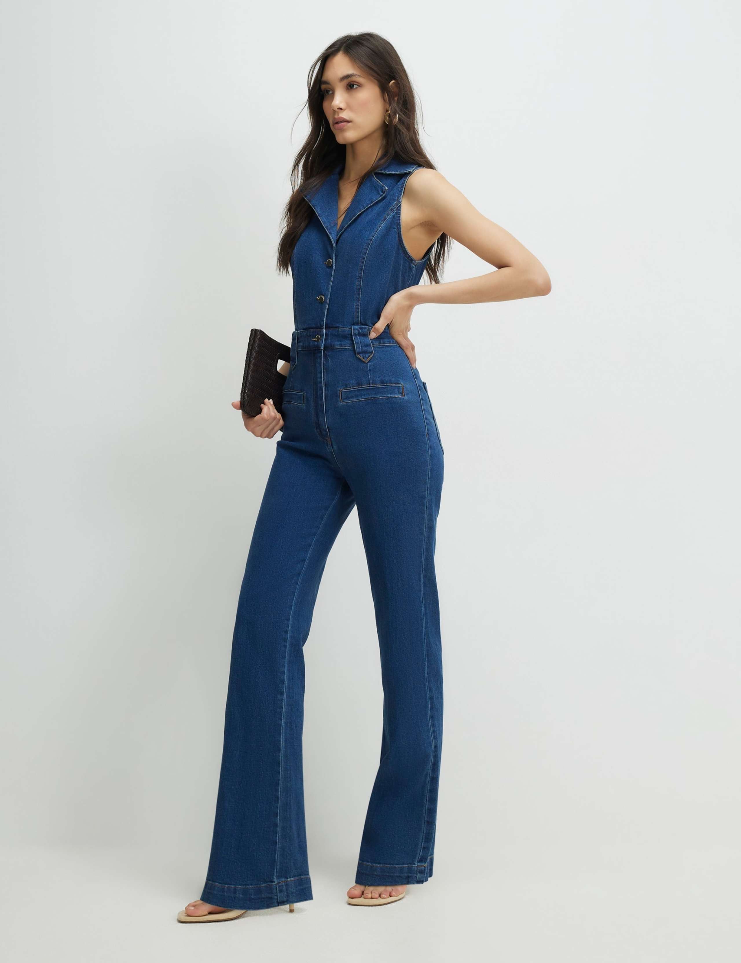 Denim Button Front Sleeveless Jumpsuit
