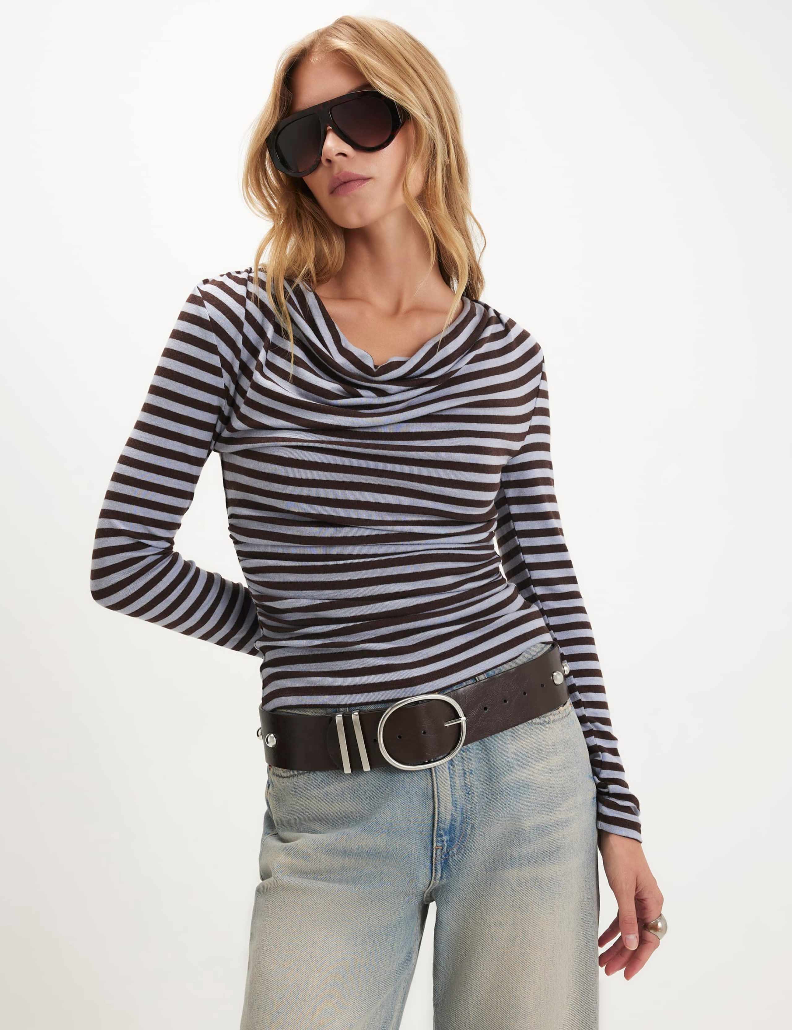 Pure Cotton Cowl Neck Draped Striped Top