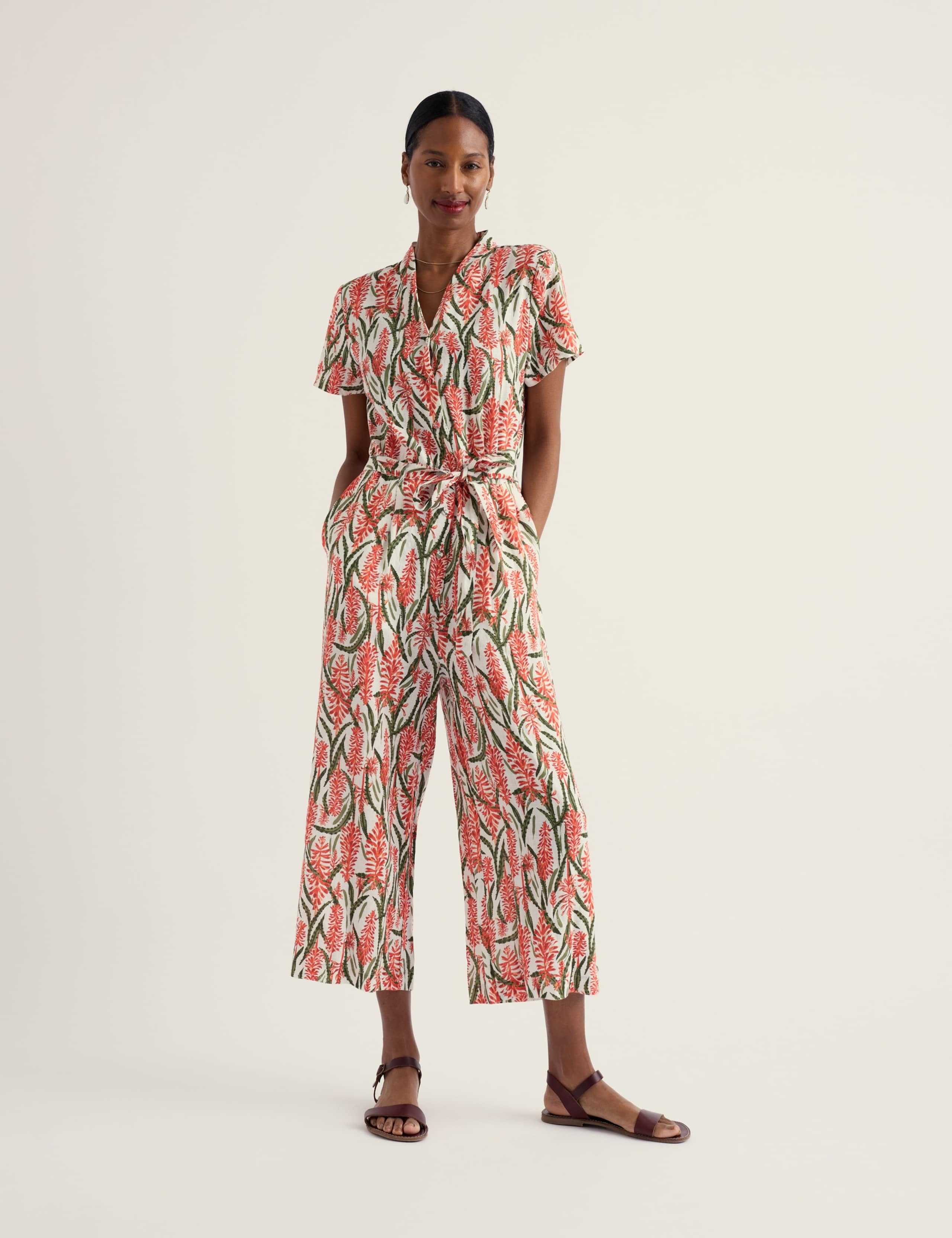 Pure Linen Floral Cropped Jumpsuit