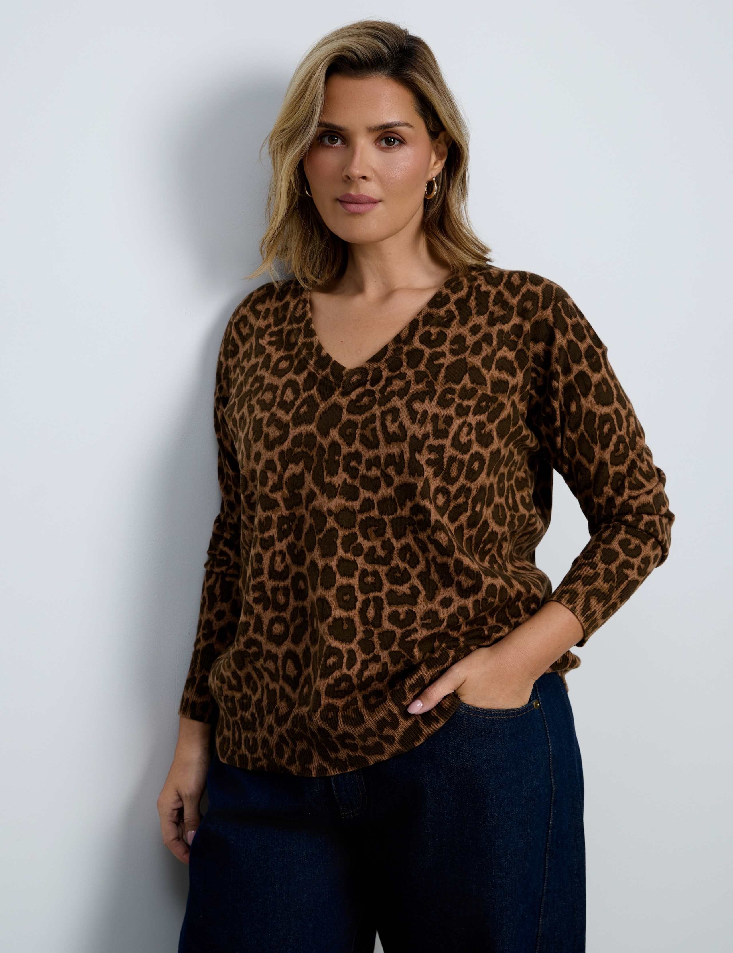 Cotton Rich Leopard Print V-Neck Jumper