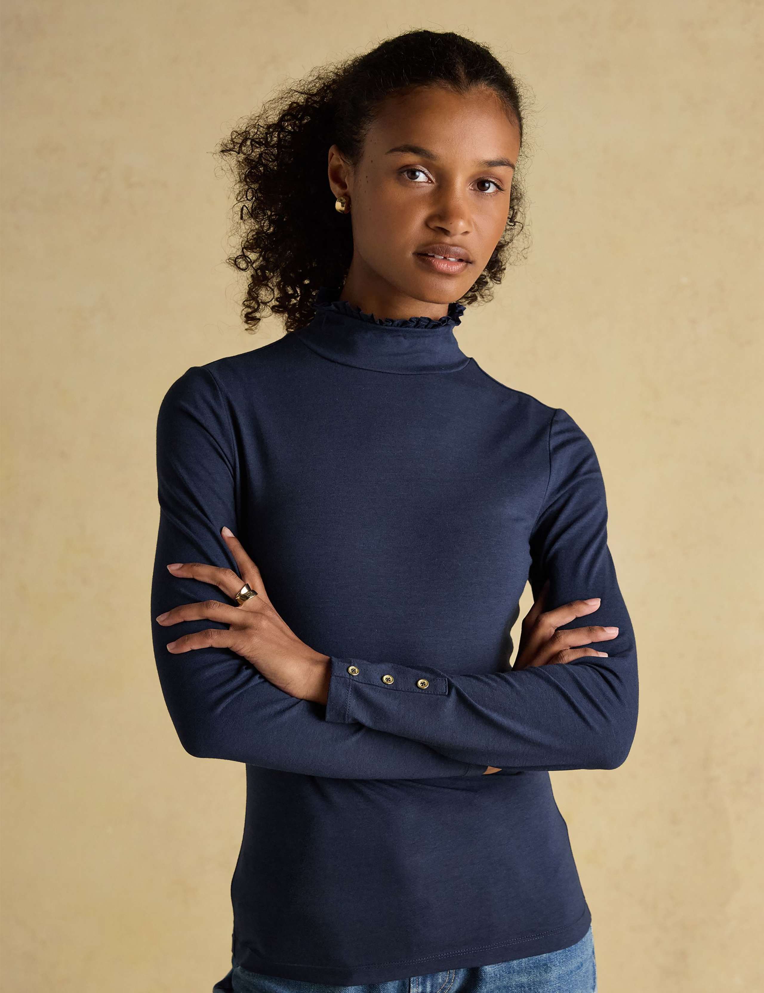 Frill Neck Button Detail Top