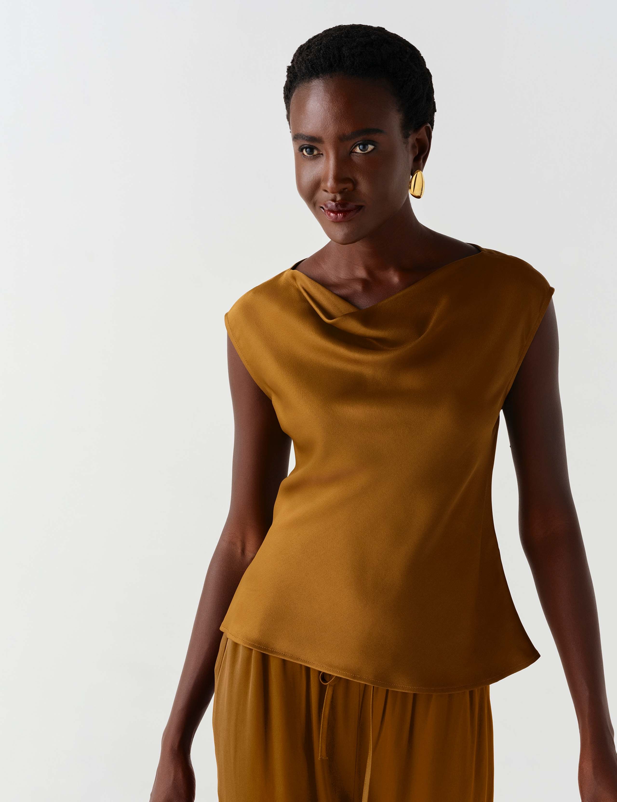 Satin Cowl Neck Cap Sleeve Top